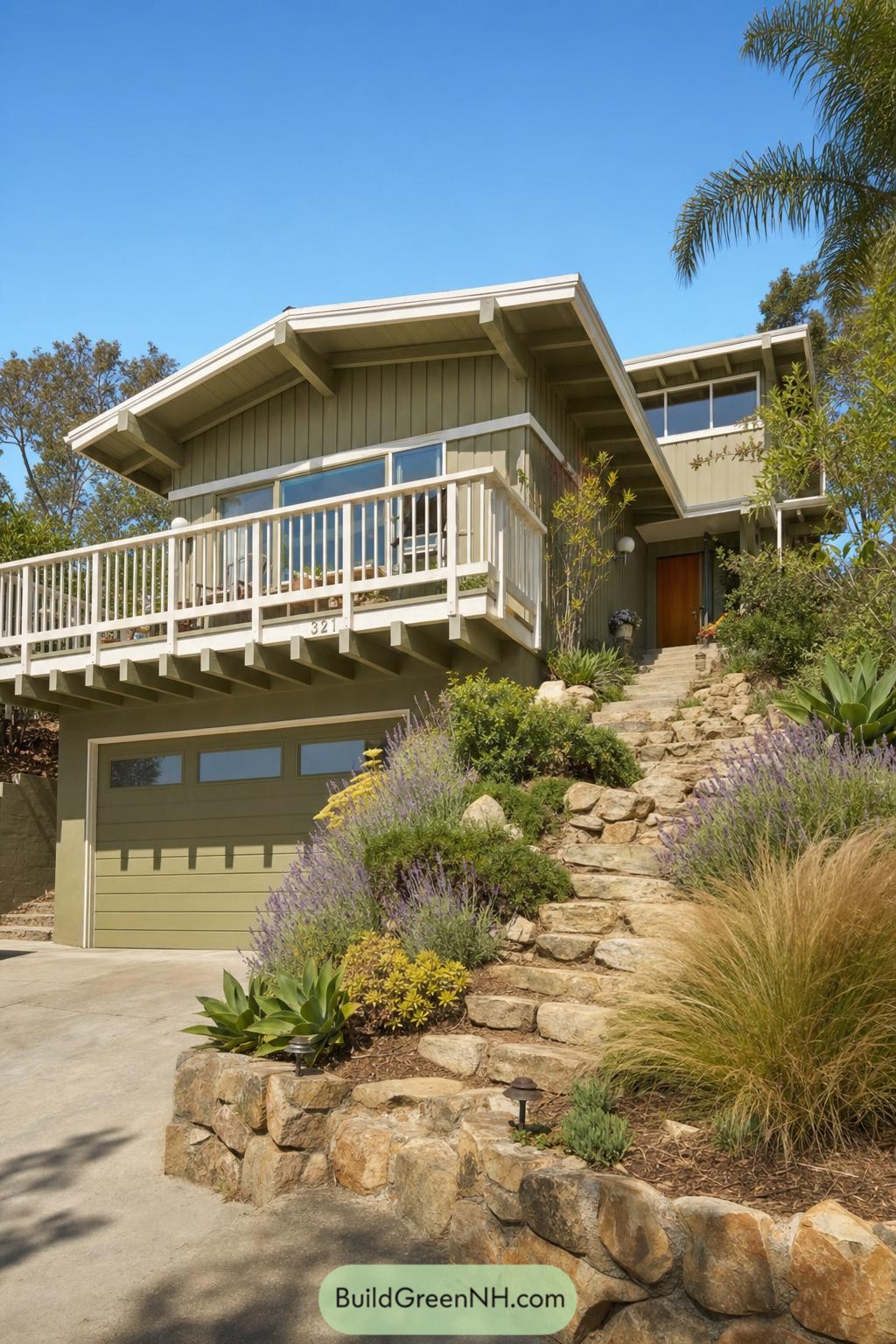 Green split-level house with broad deck and terraced stone garden