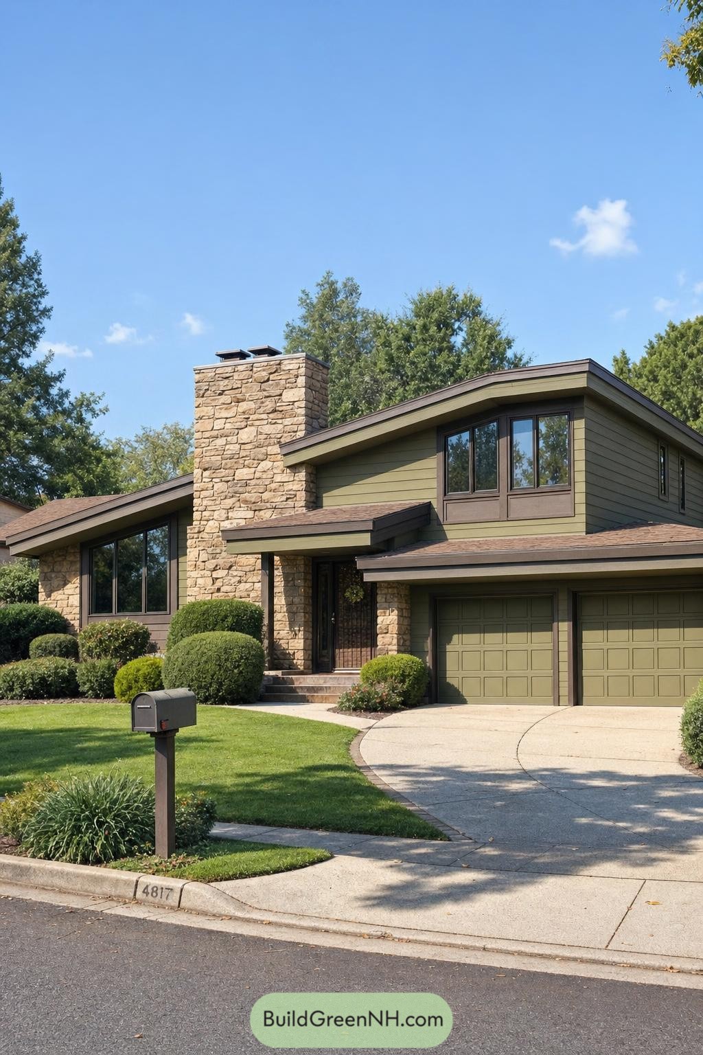 Seventies split-level home with stone chimney and olive siding