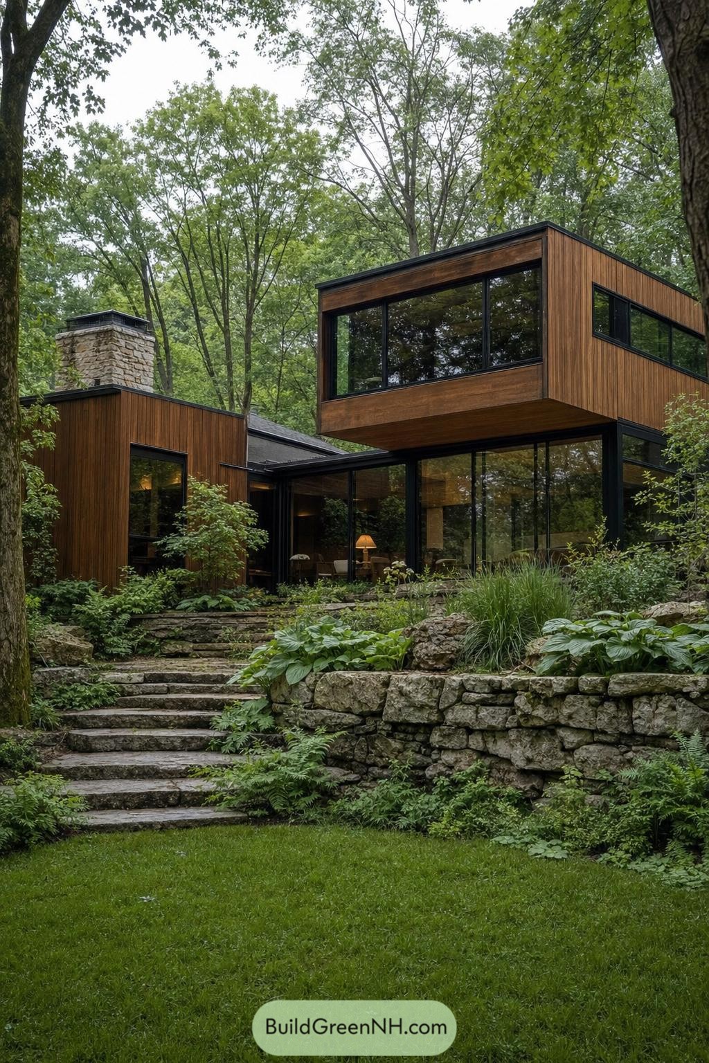 Wood-clad modern home with a cantilevered upper floor beside stone garden terraces