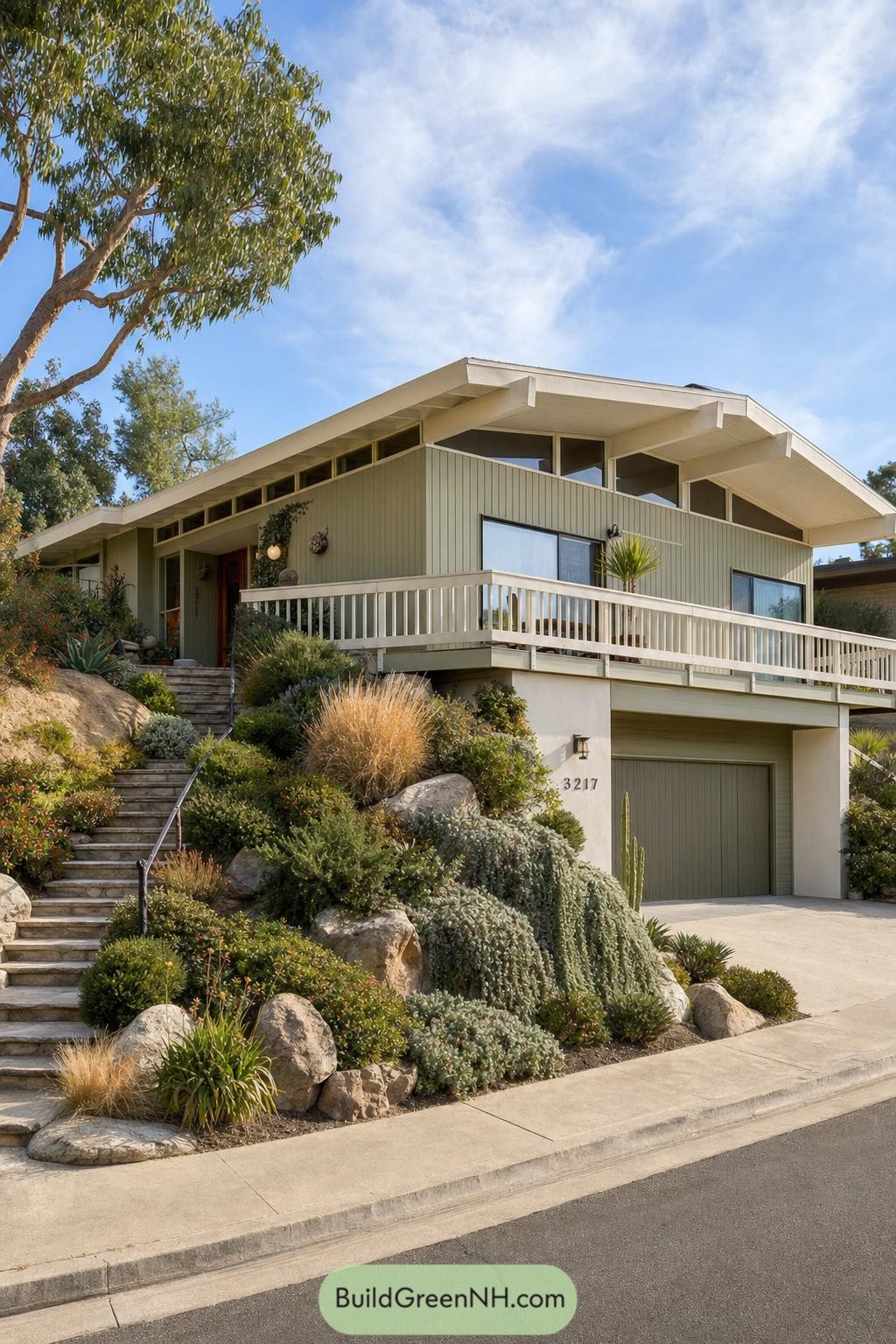 Green gabled ranch house with terrace above garage