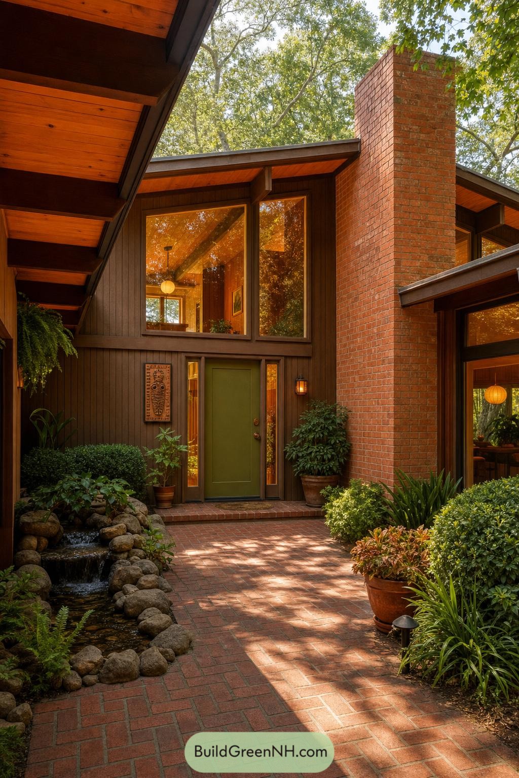 Wood sided 1970s home with a brick chimney and green entry door
