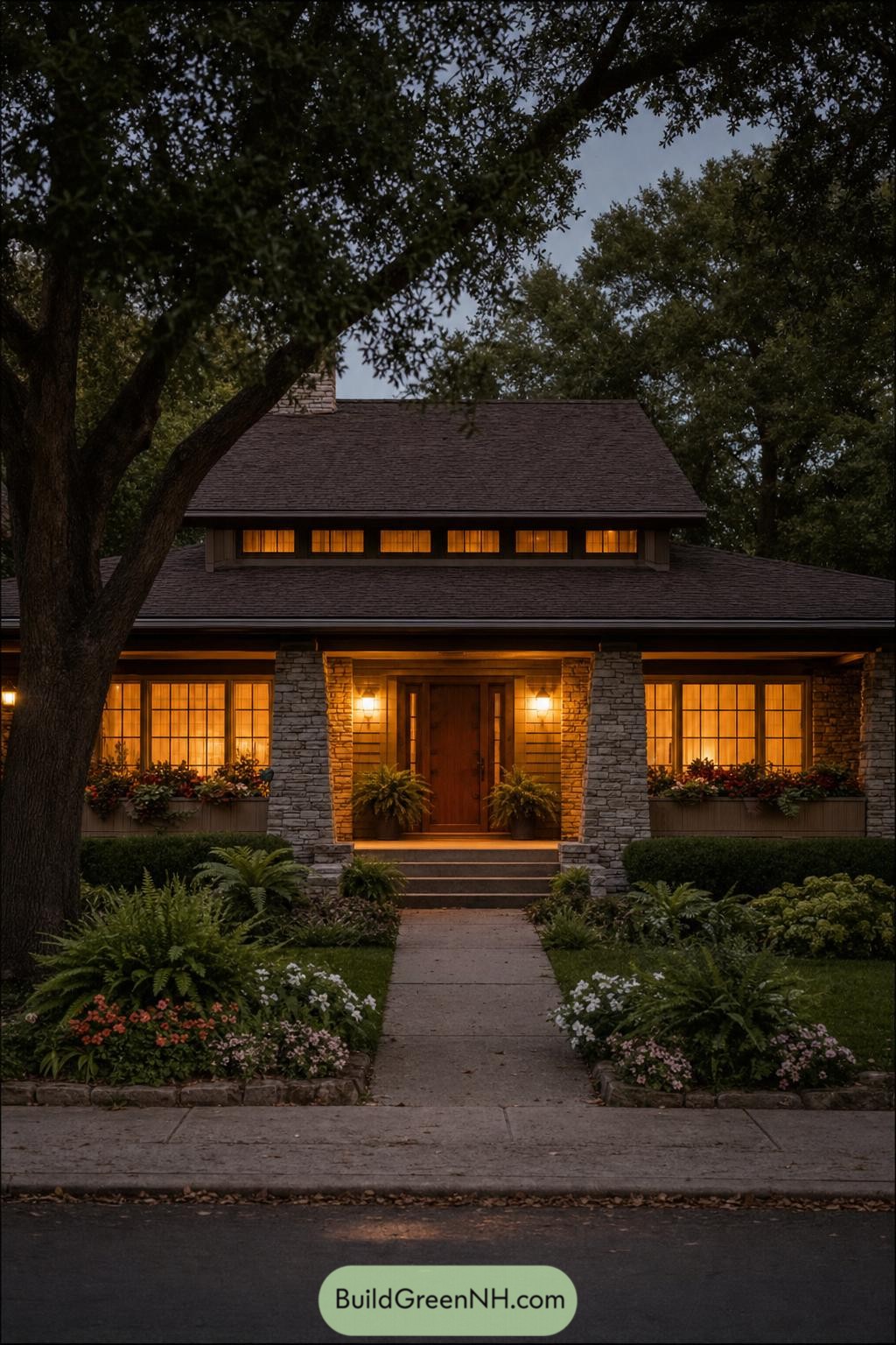 Stone bungalow with glowing windows beneath mature trees