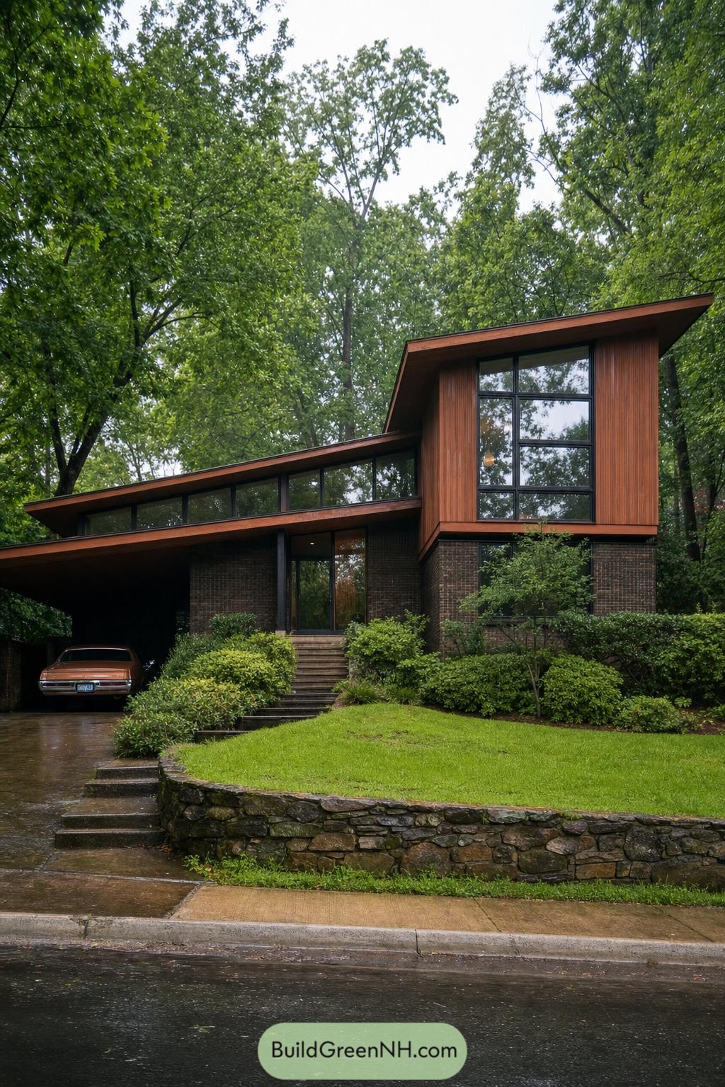 Wood and brick 1970s home beneath tall trees
