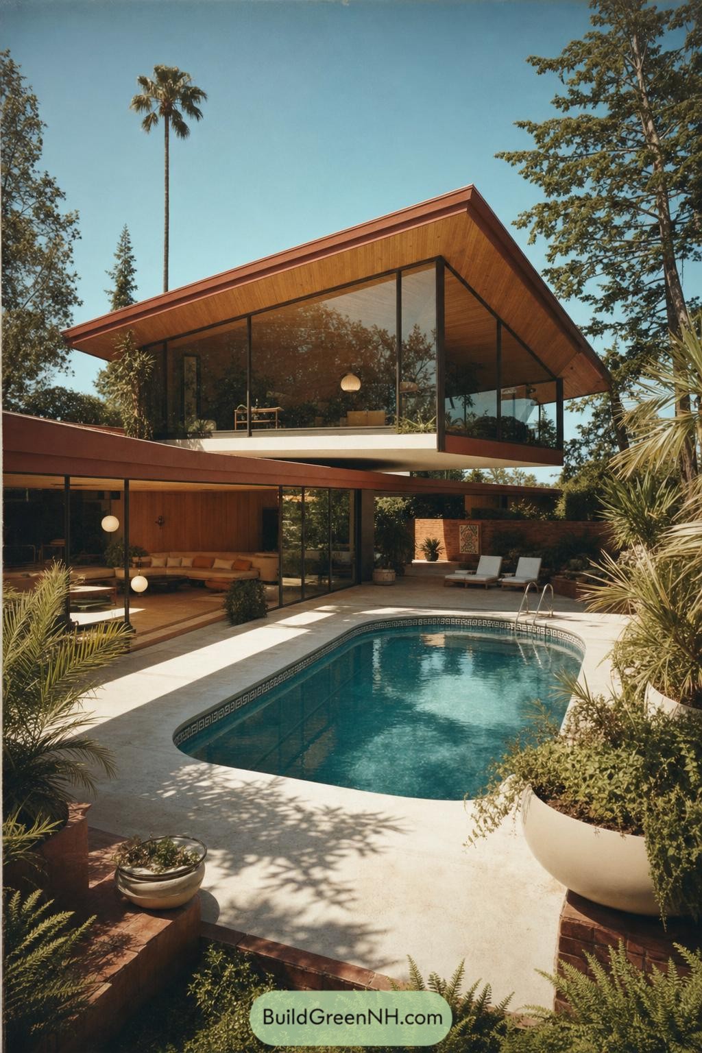 Wood and glass pavilion overlooking a curved pool