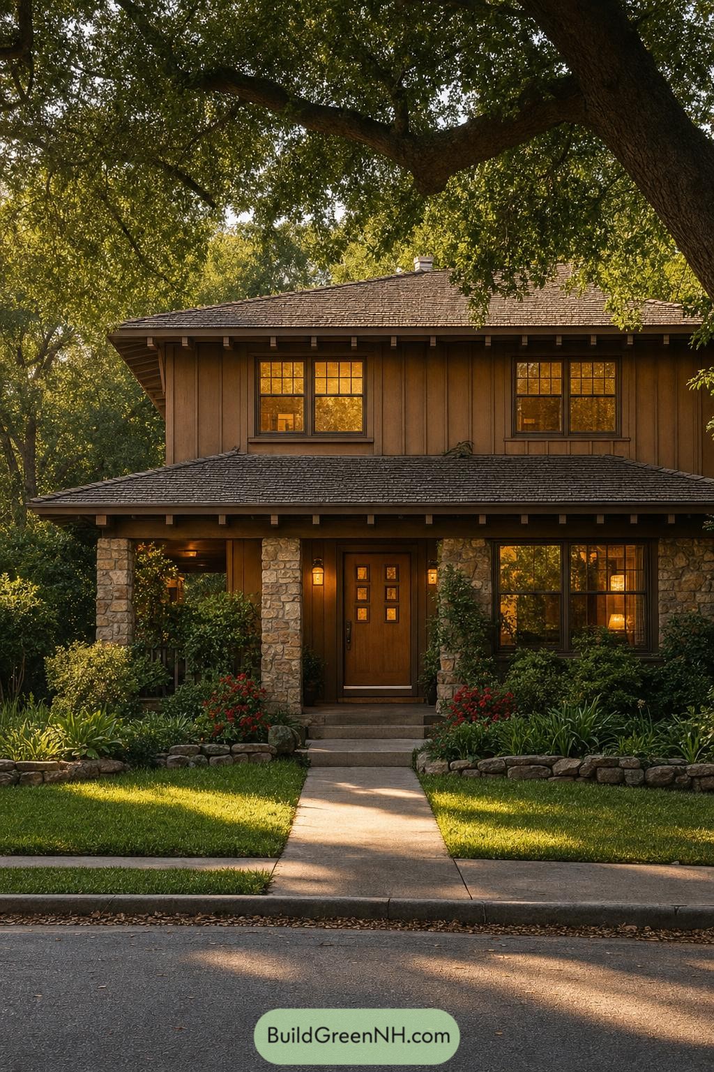 Two story Craftsman house with stone porch columns and mature trees