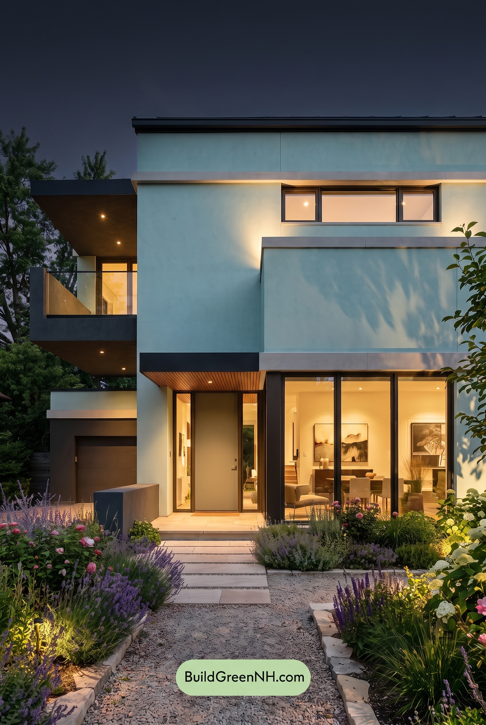 Blue Modern Villa Exterior Color Scheme: Aqua Blue Basalt - Nighttime