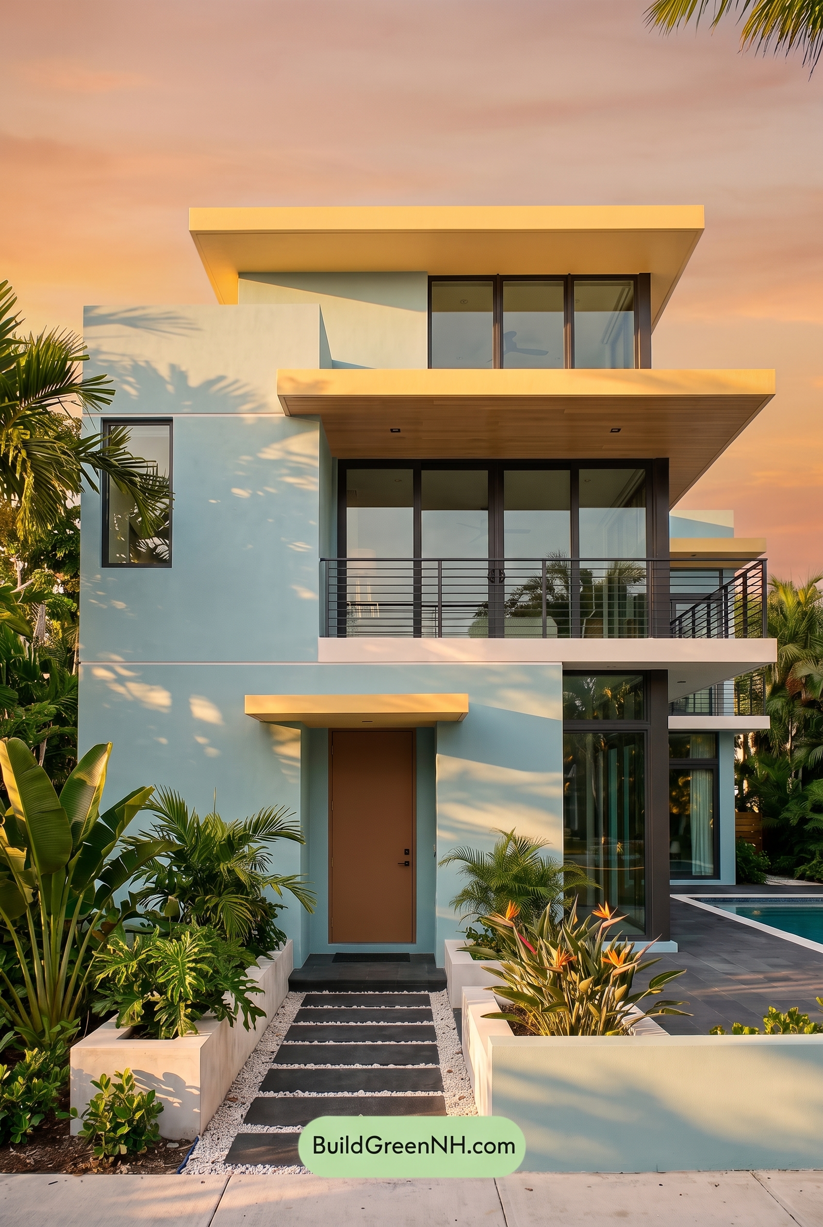 Blue Modern Villa Exterior Color Scheme: Aqua Marigold Drift - Golden Hour