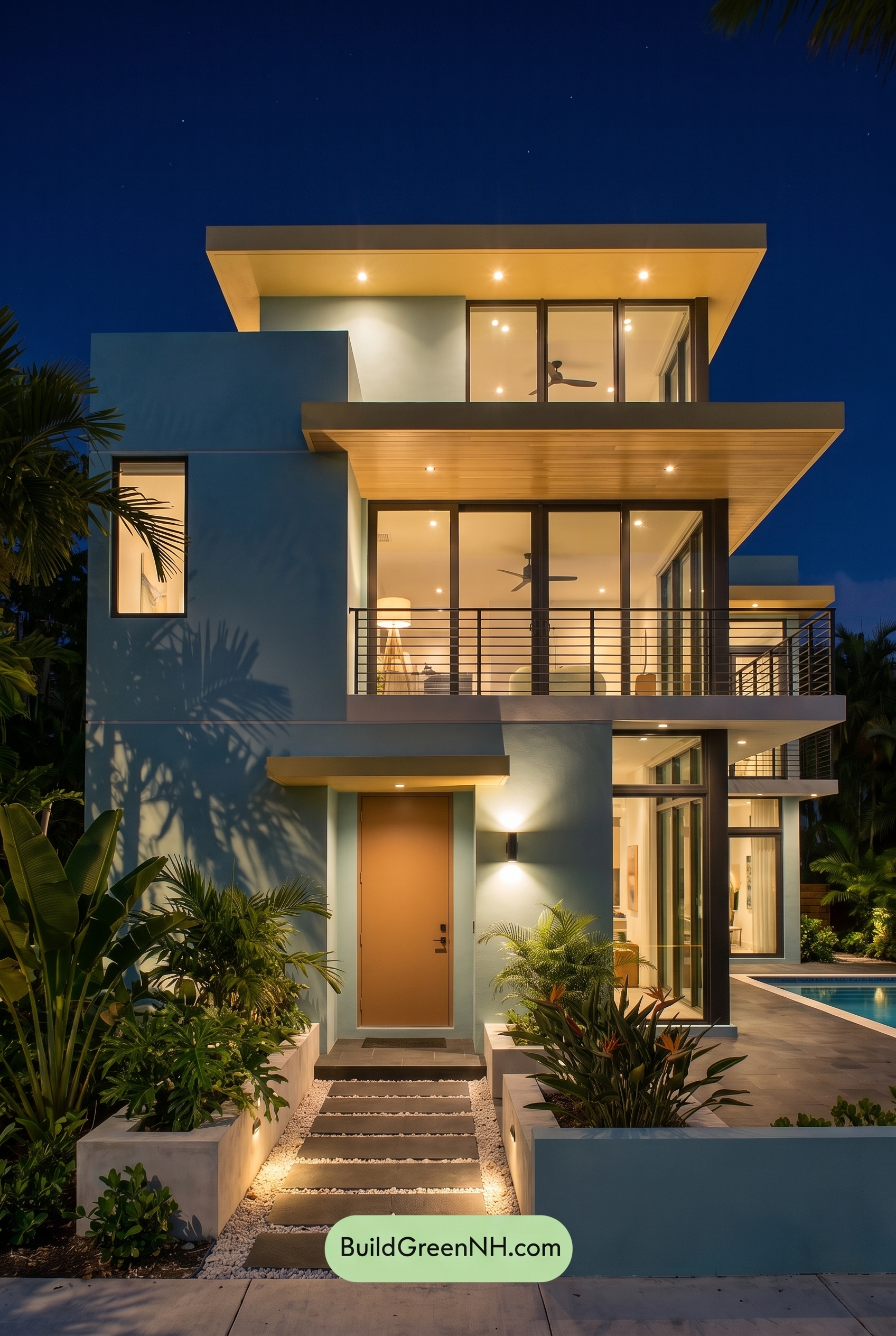 Blue Modern Villa Exterior Color Scheme: Aqua Marigold Drift - Nighttime