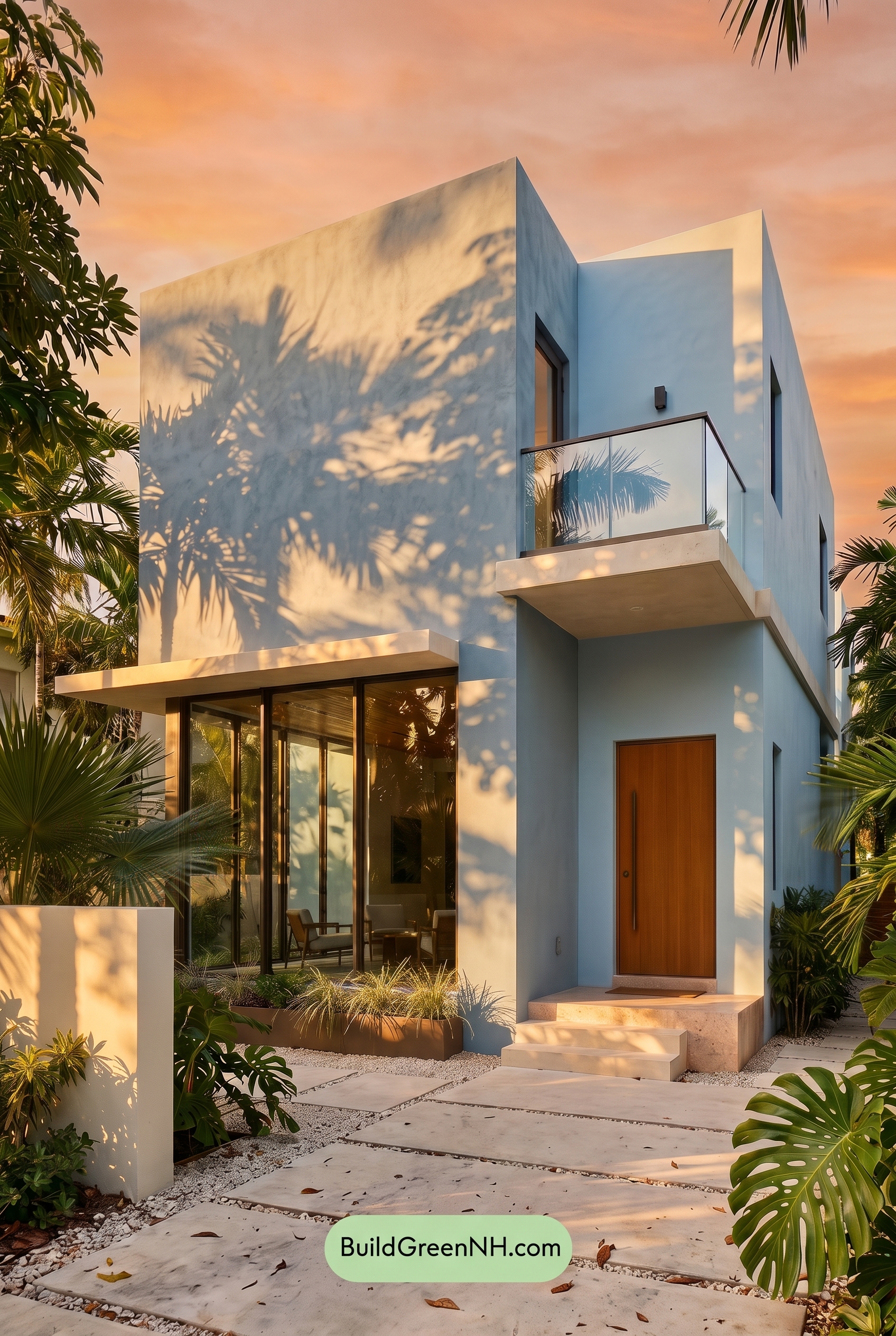 Blue Modern Villa Exterior Color Scheme: Blue Gray Warmth - Golden Hour