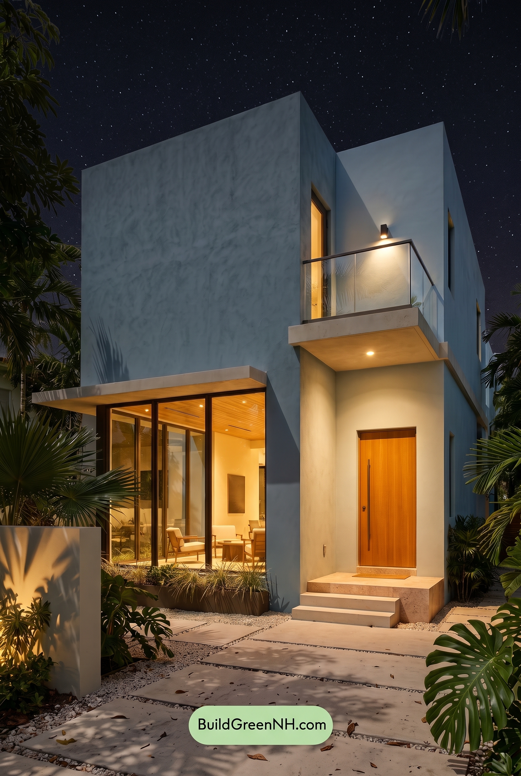 Blue Modern Villa Exterior Color Scheme: Blue Gray Warmth - Nighttime