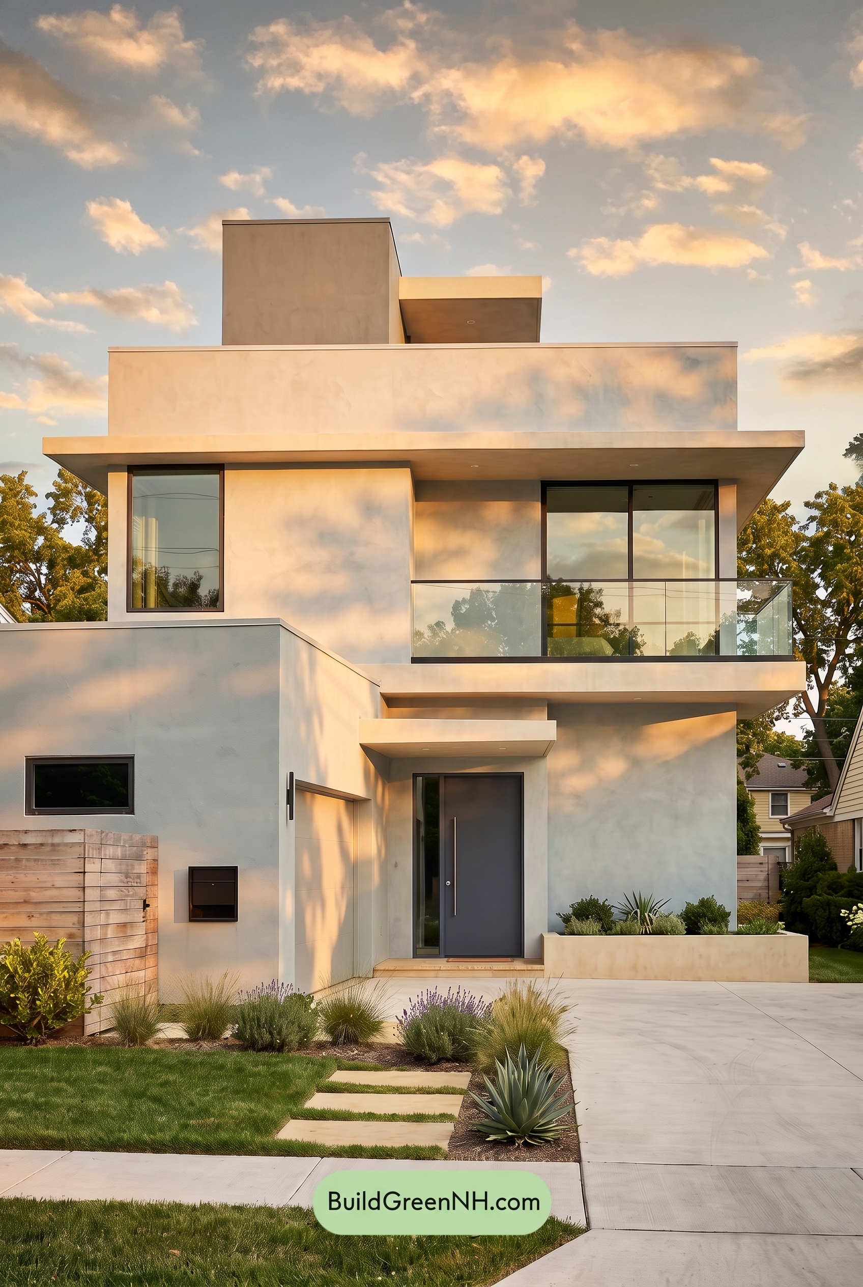 Blue Modern Villa Exterior Color Scheme: Frosted Blue Edge - Golden Hour