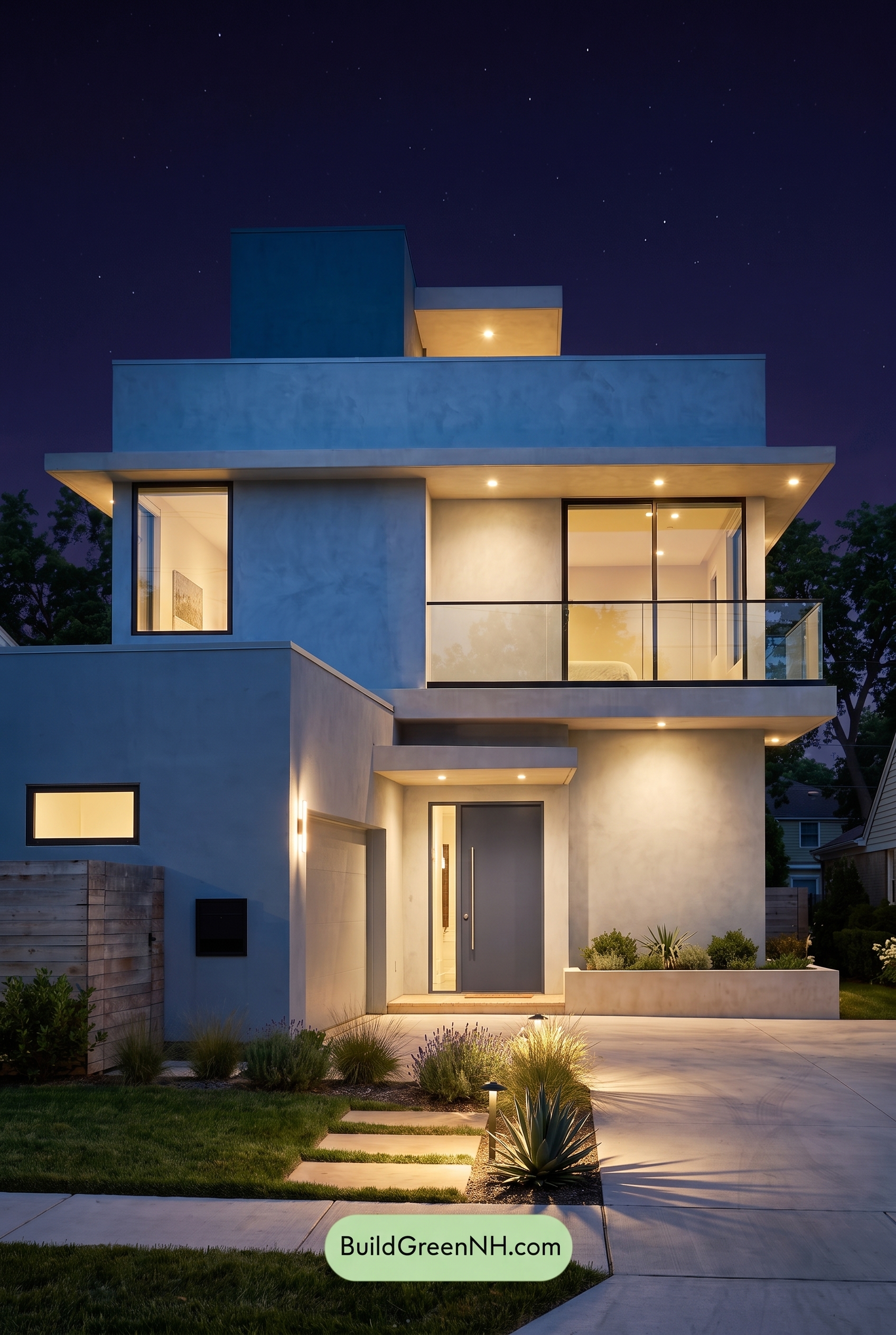 Blue Modern Villa Exterior Color Scheme: Frosted Blue Edge - Nighttime
