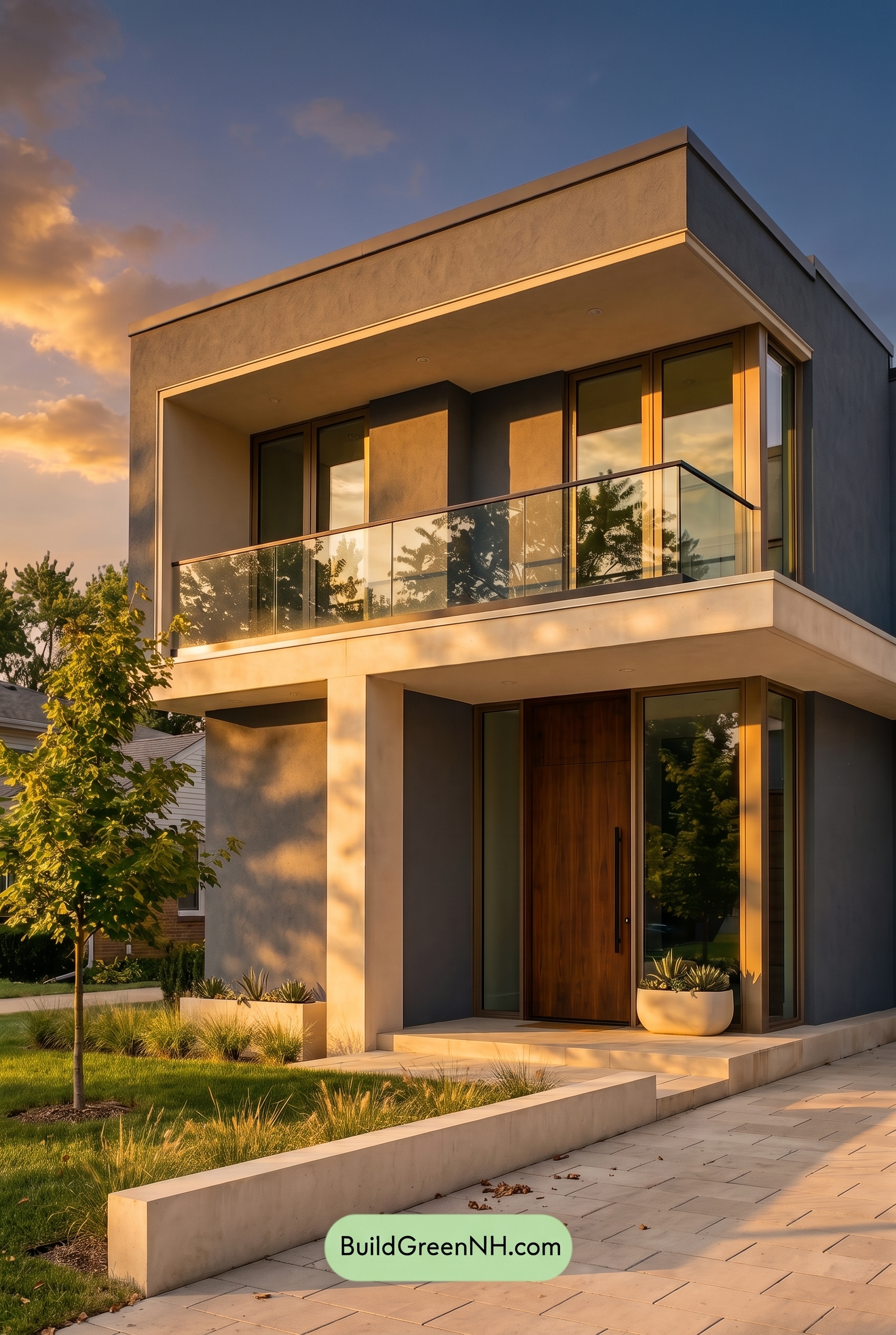 Blue Modern Villa Exterior Color Scheme: Harbor Blue Cream - Golden Hour