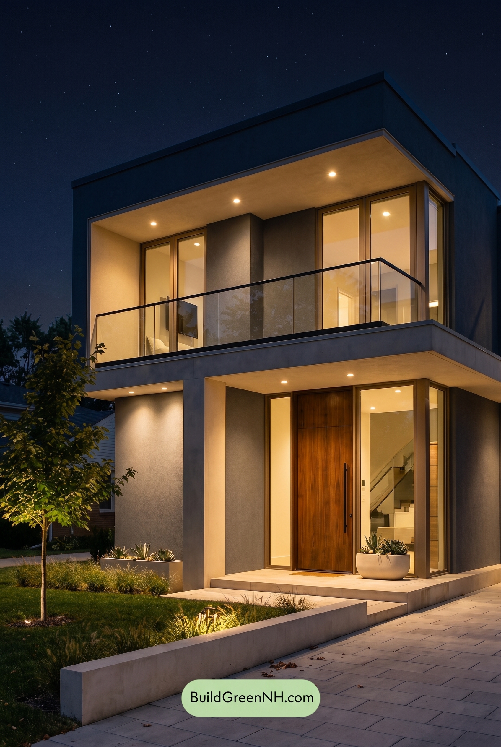 Blue Modern Villa Exterior Color Scheme: Harbor Blue Cream - Nighttime