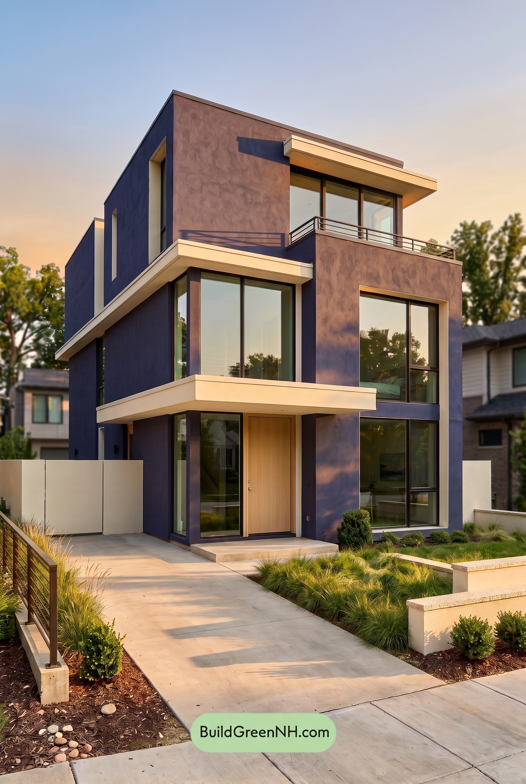 Blue Modern Villa Exterior Color Scheme: Indigo Blue Warmth - Golden Hour