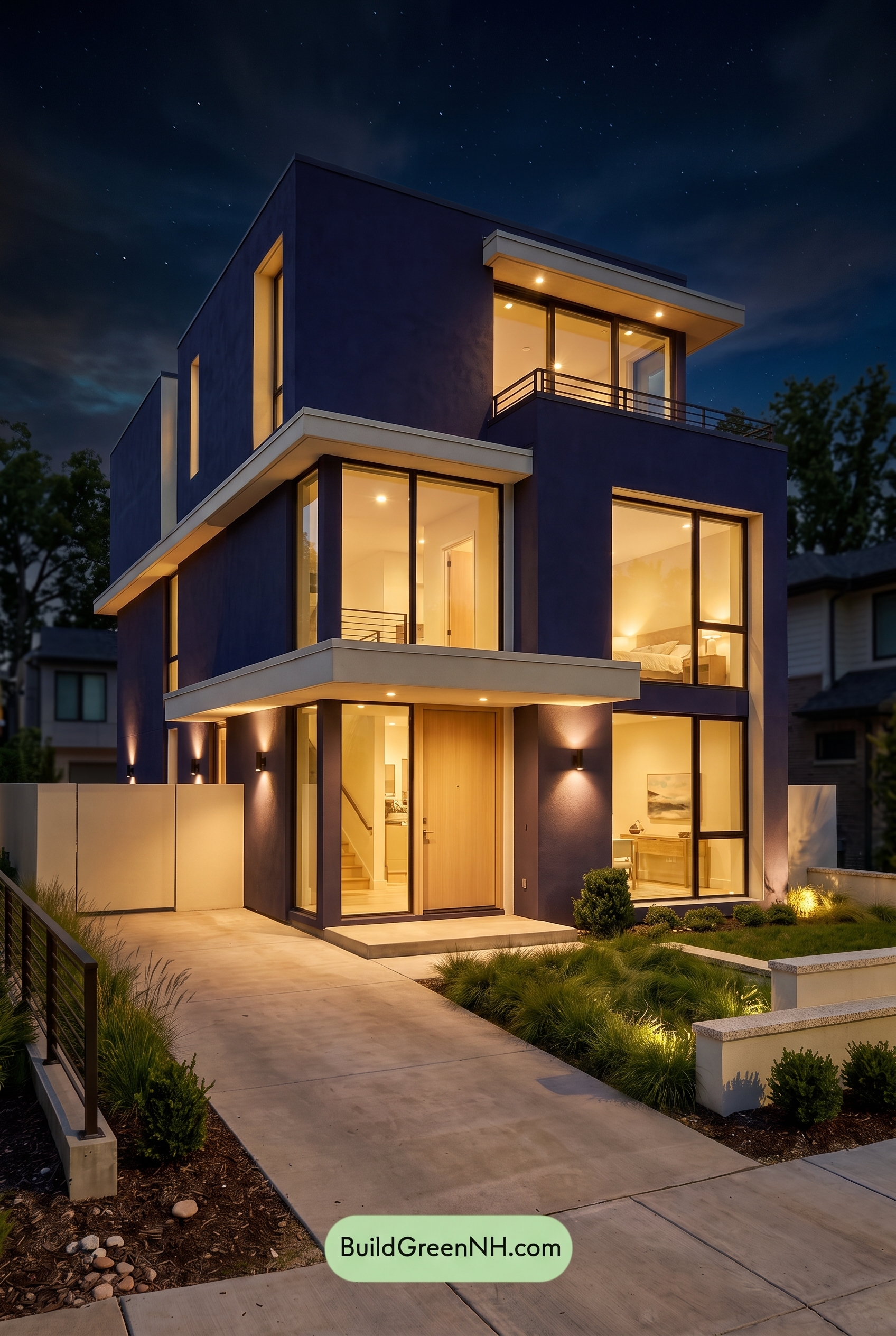 Blue Modern Villa Exterior Color Scheme: Indigo Blue Warmth - Nighttime