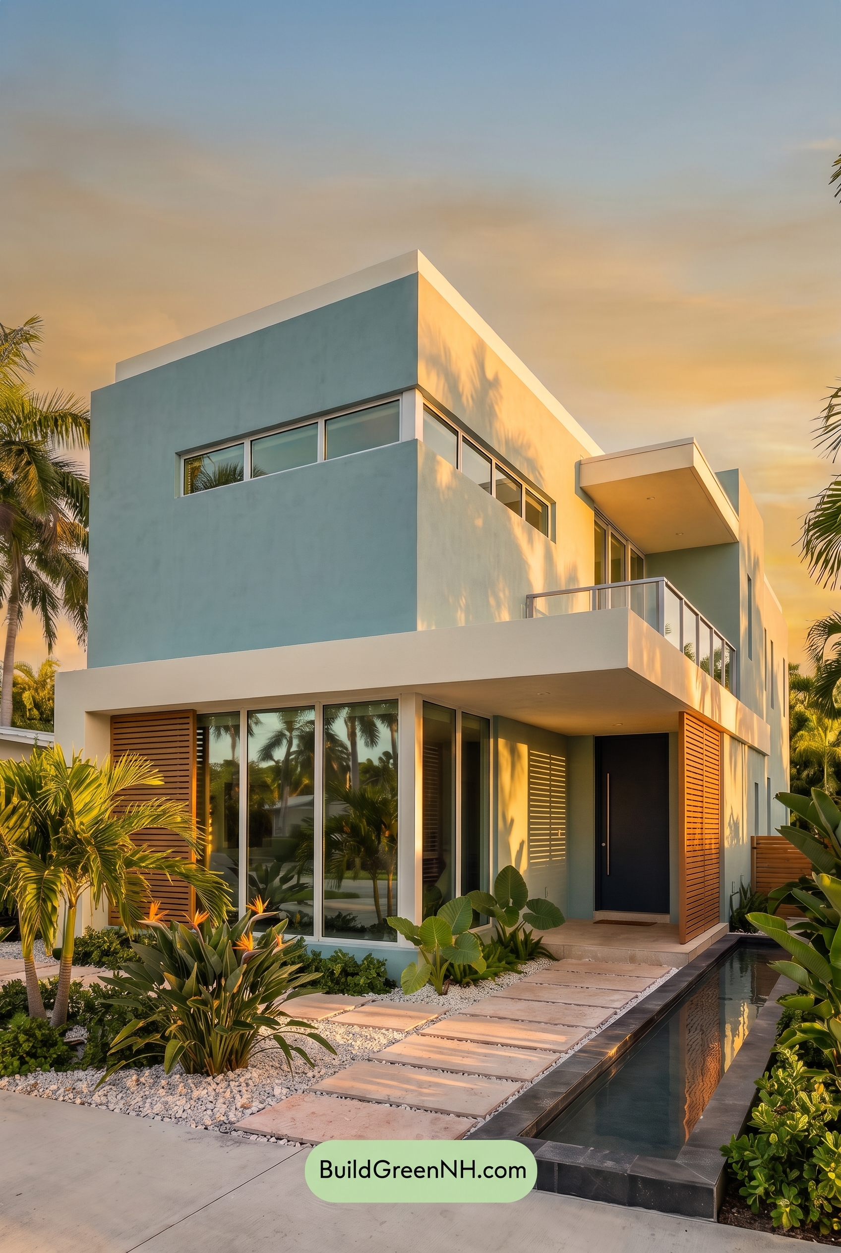 Blue Modern Villa Exterior Color Scheme: Lagoon Blue Linen - Golden Hour