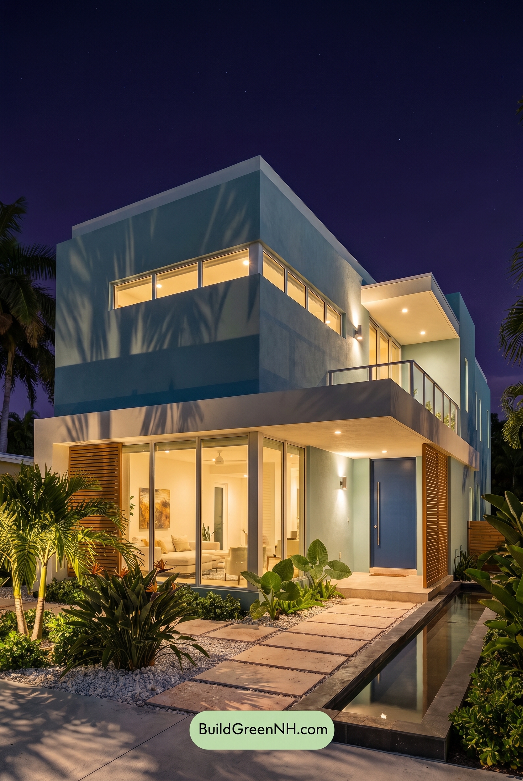 Blue Modern Villa Exterior Color Scheme: Lagoon Blue Linen - Nighttime