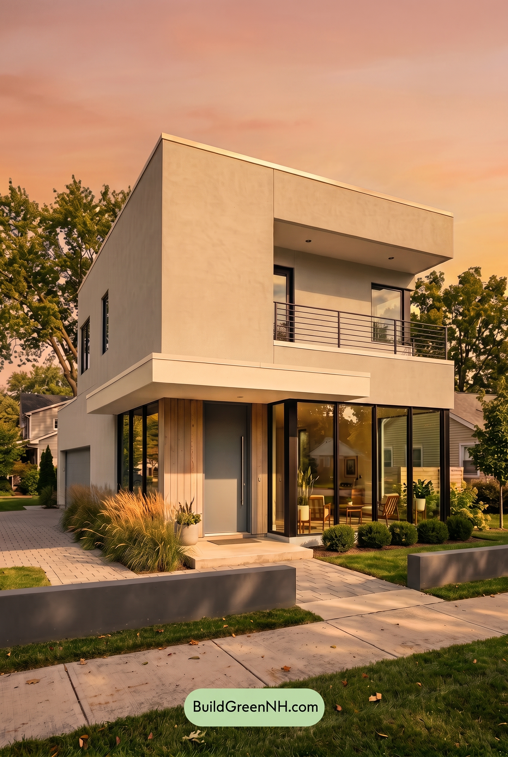 Blue Modern Villa Exterior Color Scheme: Pale Blue Graphite - Golden Hour
