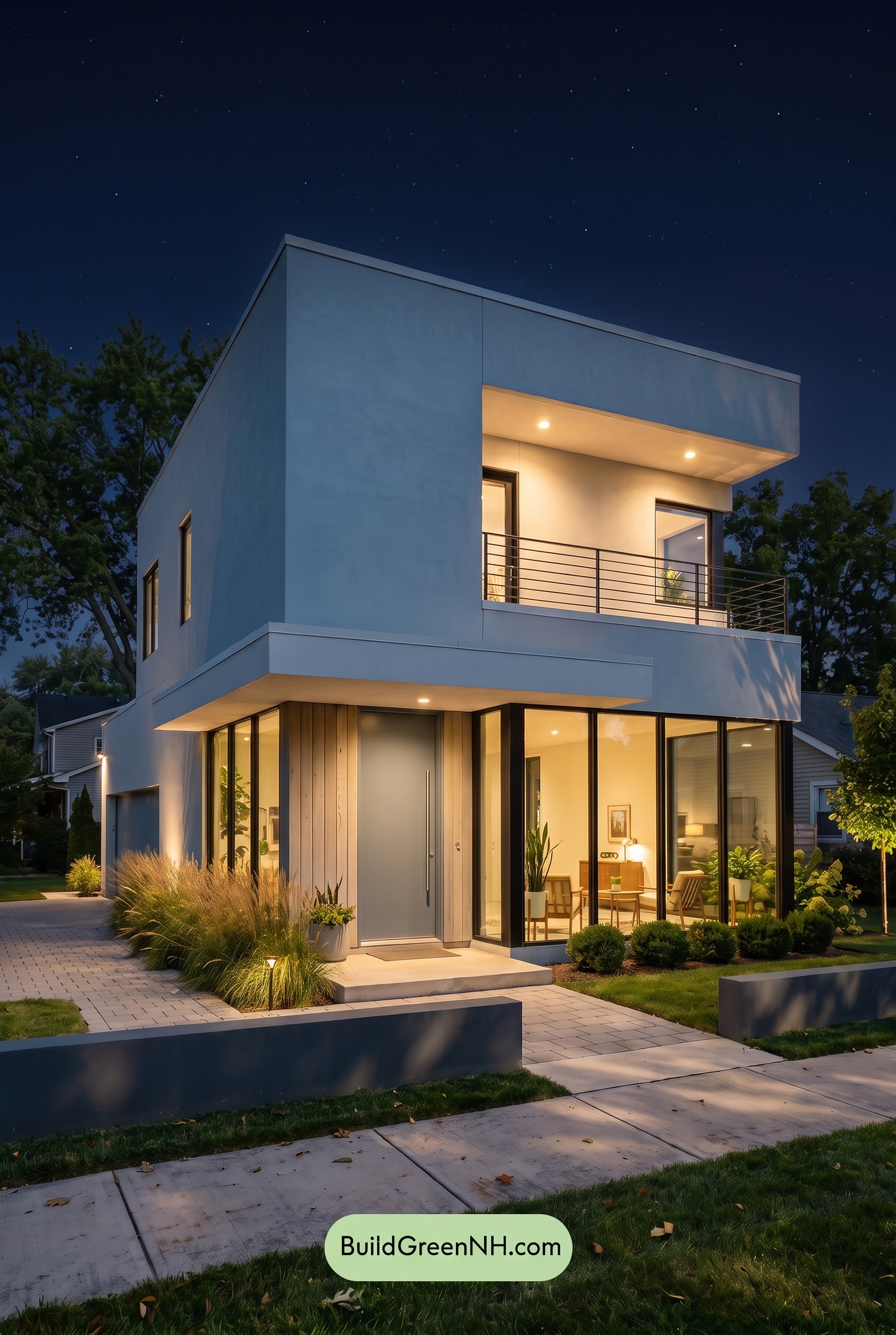 Blue Modern Villa Exterior Color Scheme: Pale Blue Graphite - Nighttime