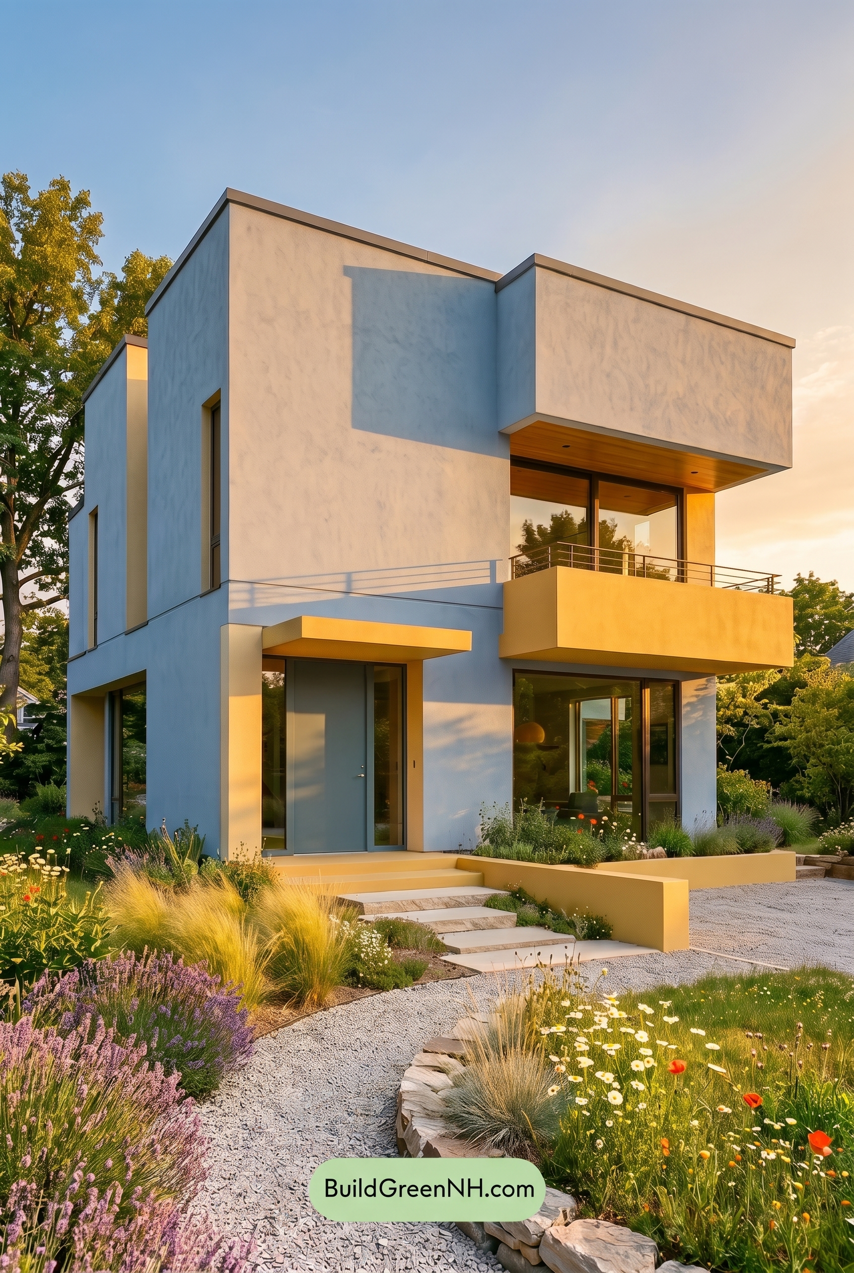 Blue Modern Villa Exterior Color Scheme: Periwinkle Saffron Hush - Golden Hour