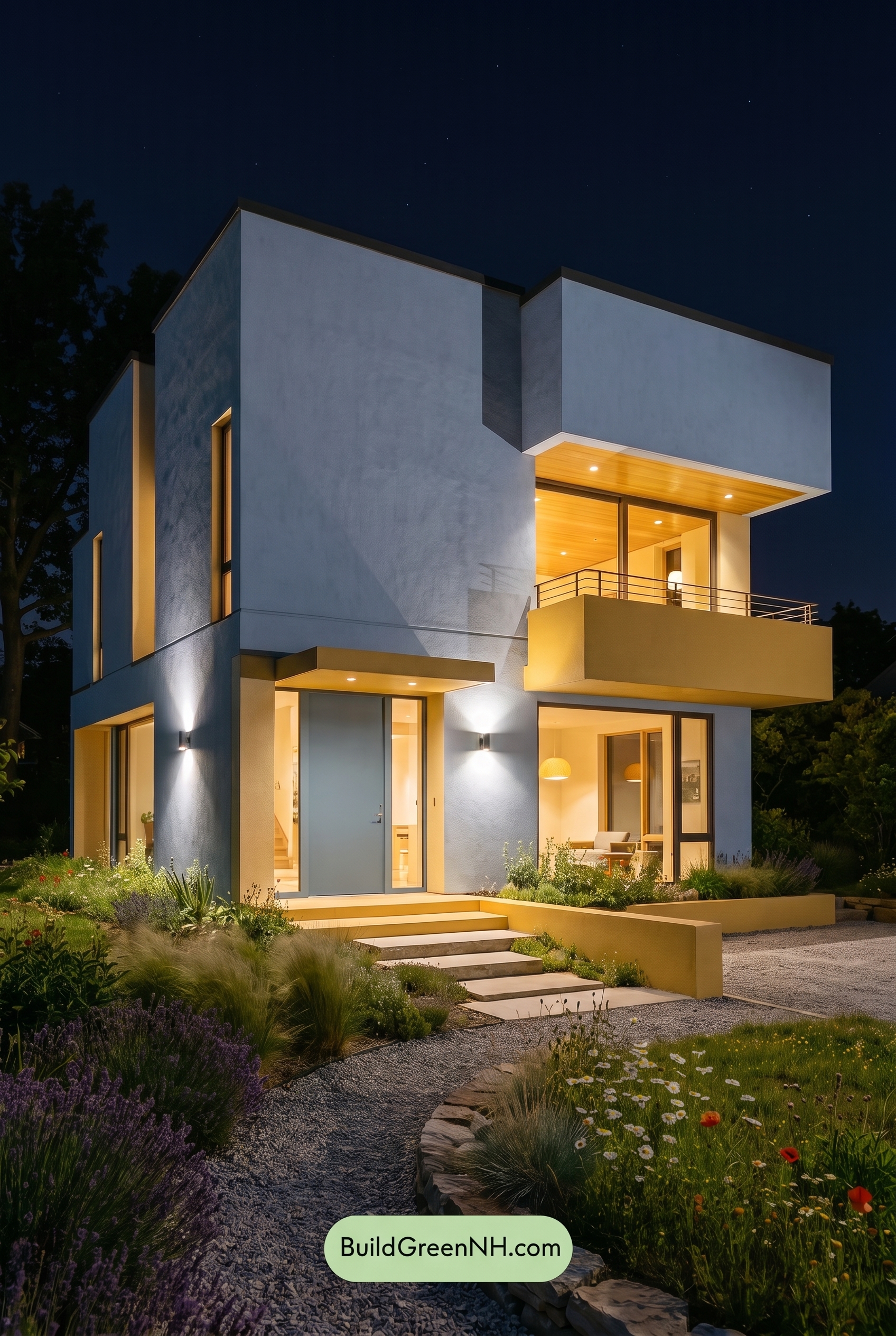 Blue Modern Villa Exterior Color Scheme: Periwinkle Saffron Hush - Nighttime