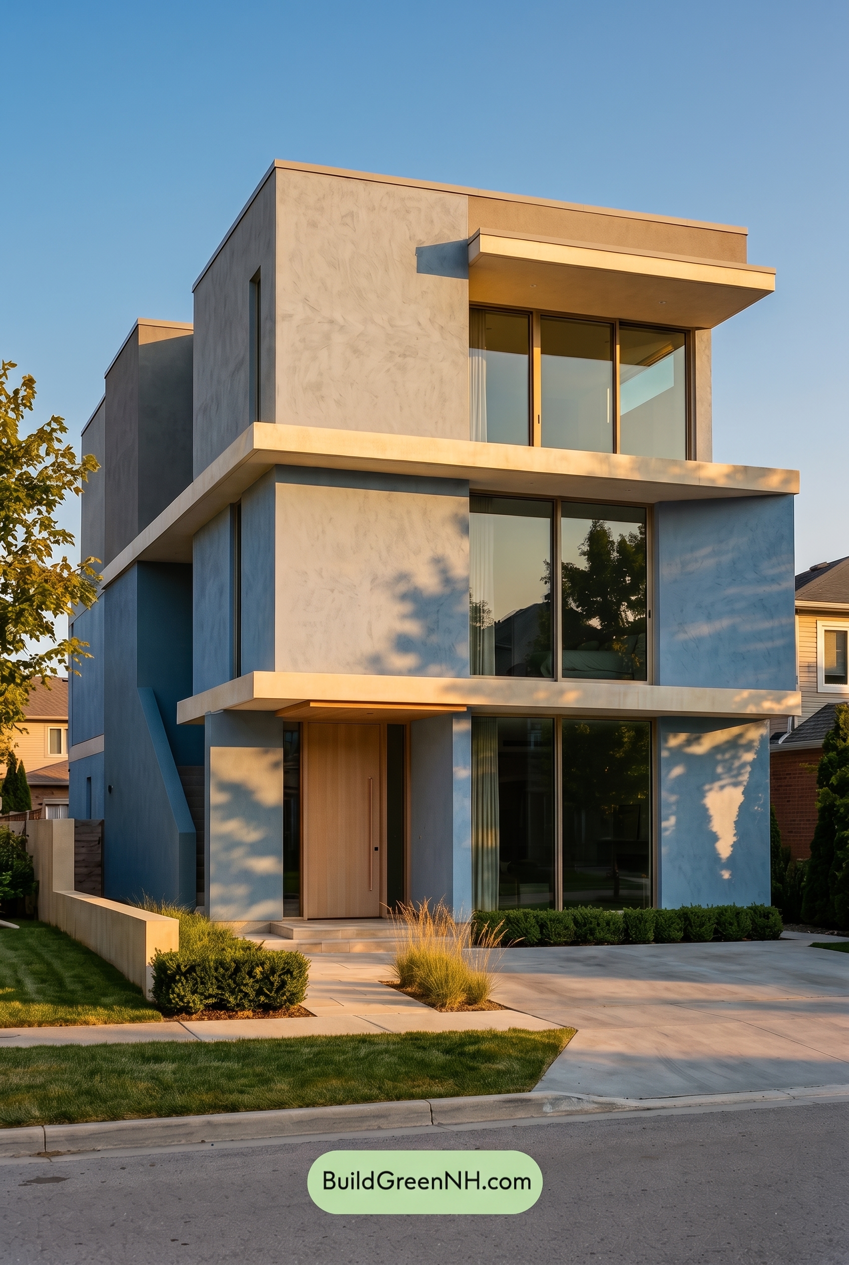 Blue Modern Villa Exterior Color Scheme: Powder Blue Quiet - Golden Hour