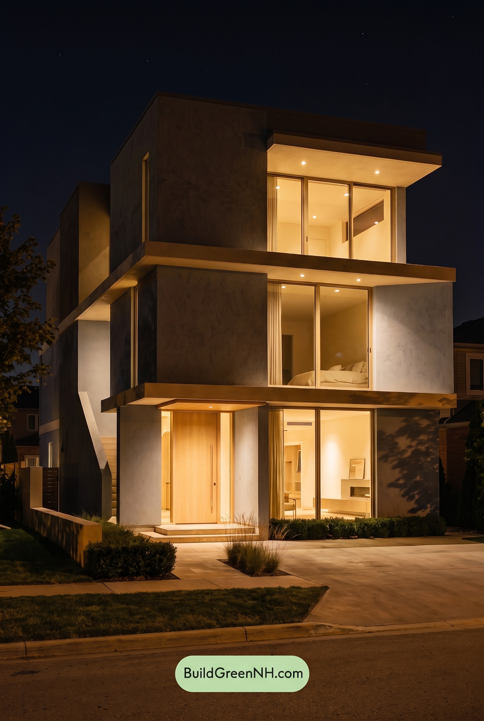 Blue Modern Villa Exterior Color Scheme: Powder Blue Quiet - Nighttime