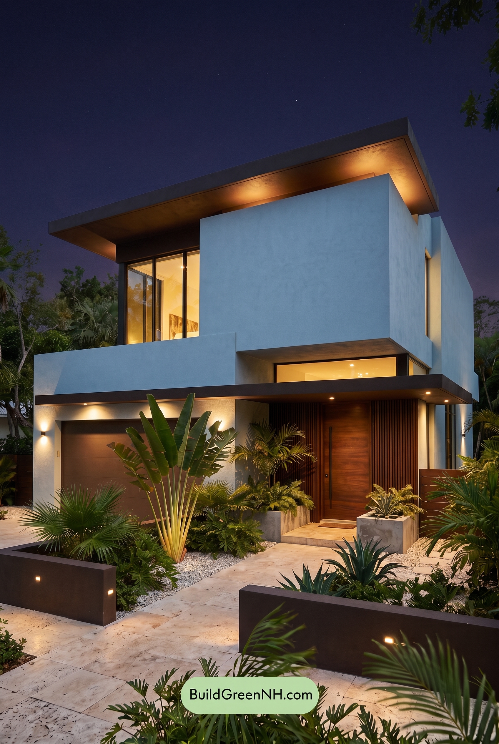 Blue Modern Villa Exterior Color Scheme: Powder Cyan Umber - Nighttime