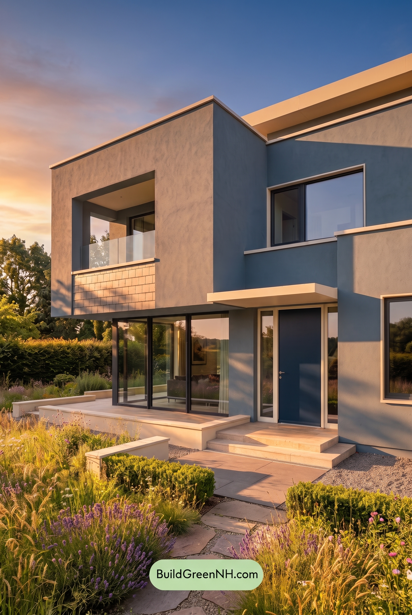 Blue Modern Villa Exterior Color Scheme: Smoky Blue Ivory - Golden Hour
