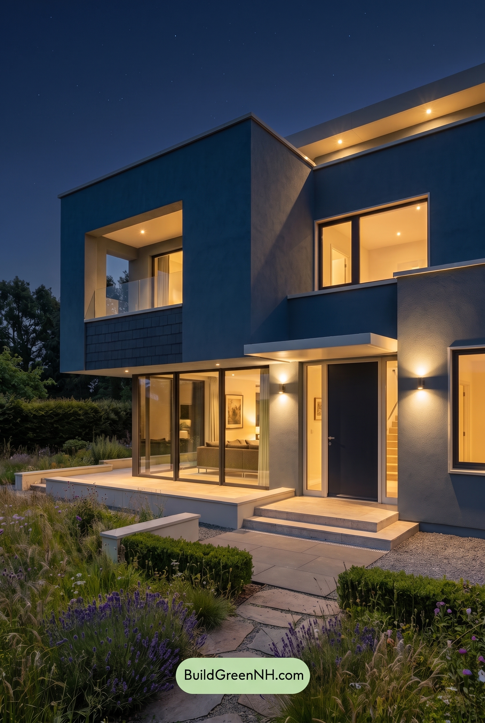 Blue Modern Villa Exterior Color Scheme: Smoky Blue Ivory - Nighttime