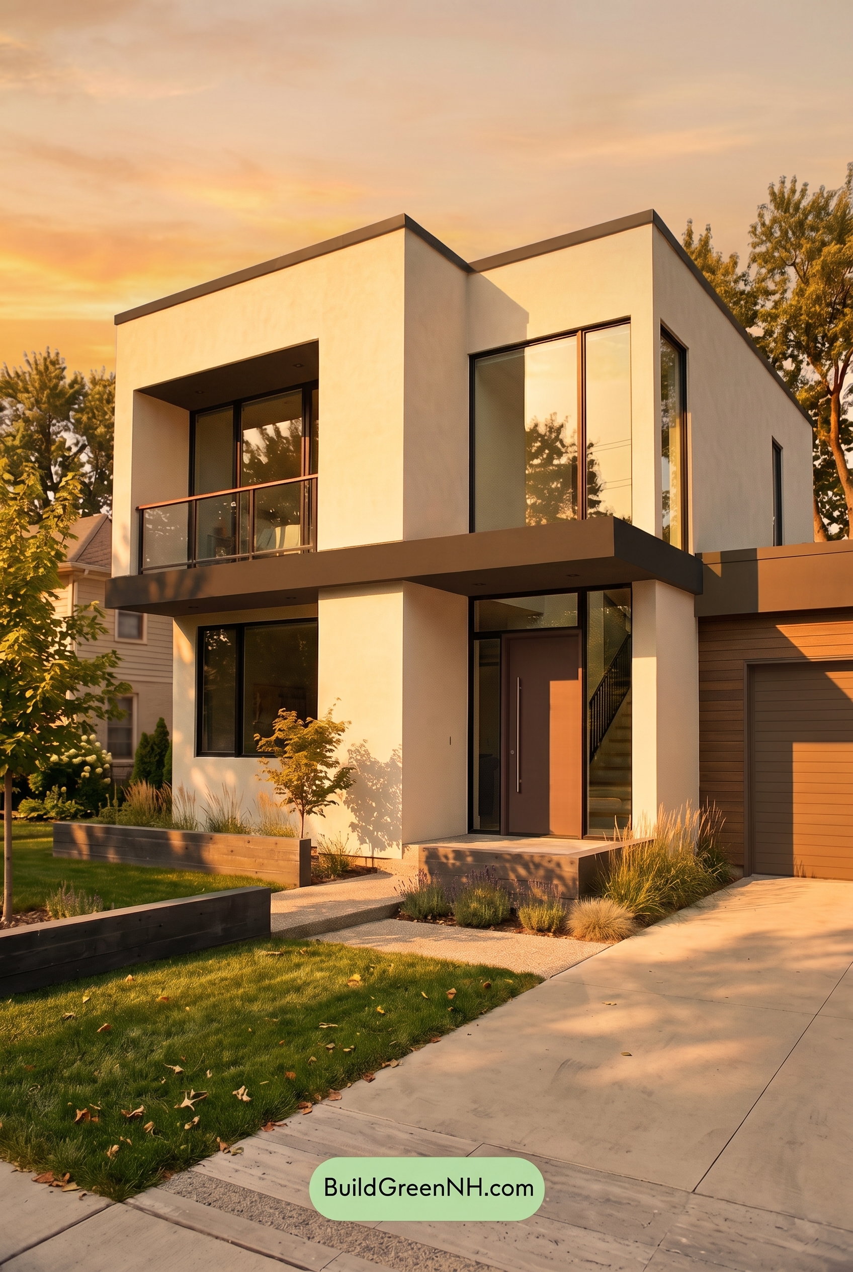 Blue Modern Villa Exterior Color Scheme: Soft Blue Iron - Golden Hour
