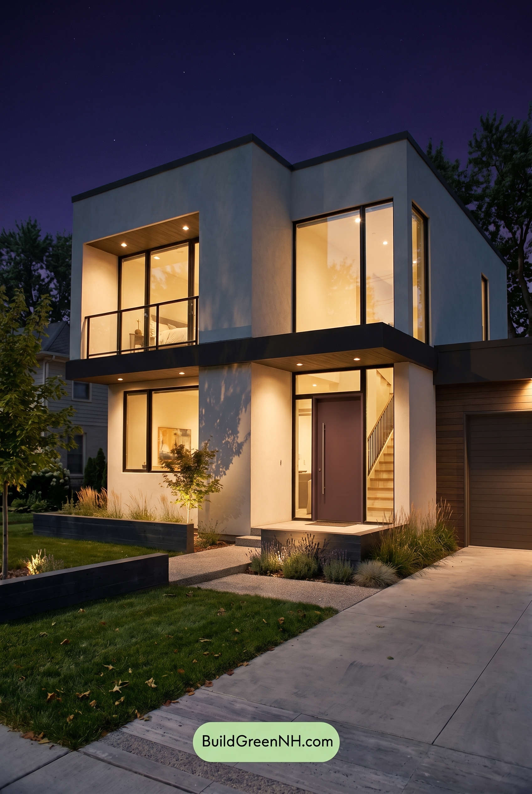 Blue Modern Villa Exterior Color Scheme: Soft Blue Iron - Nighttime