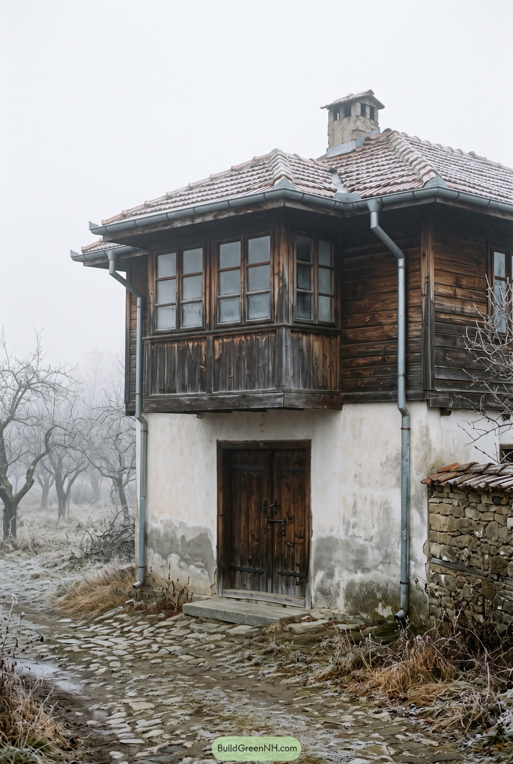 Bulgarian Revival house with wooden oriel and stucco base