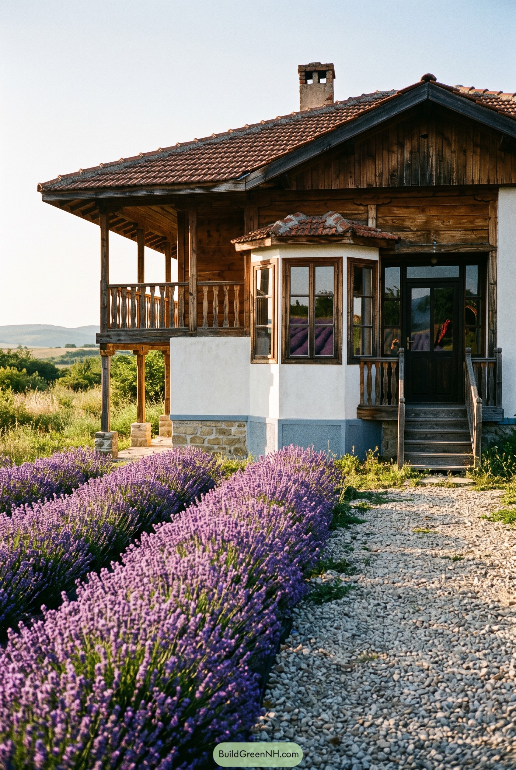 Bulgarian style house with timber upper floor and lavender garden