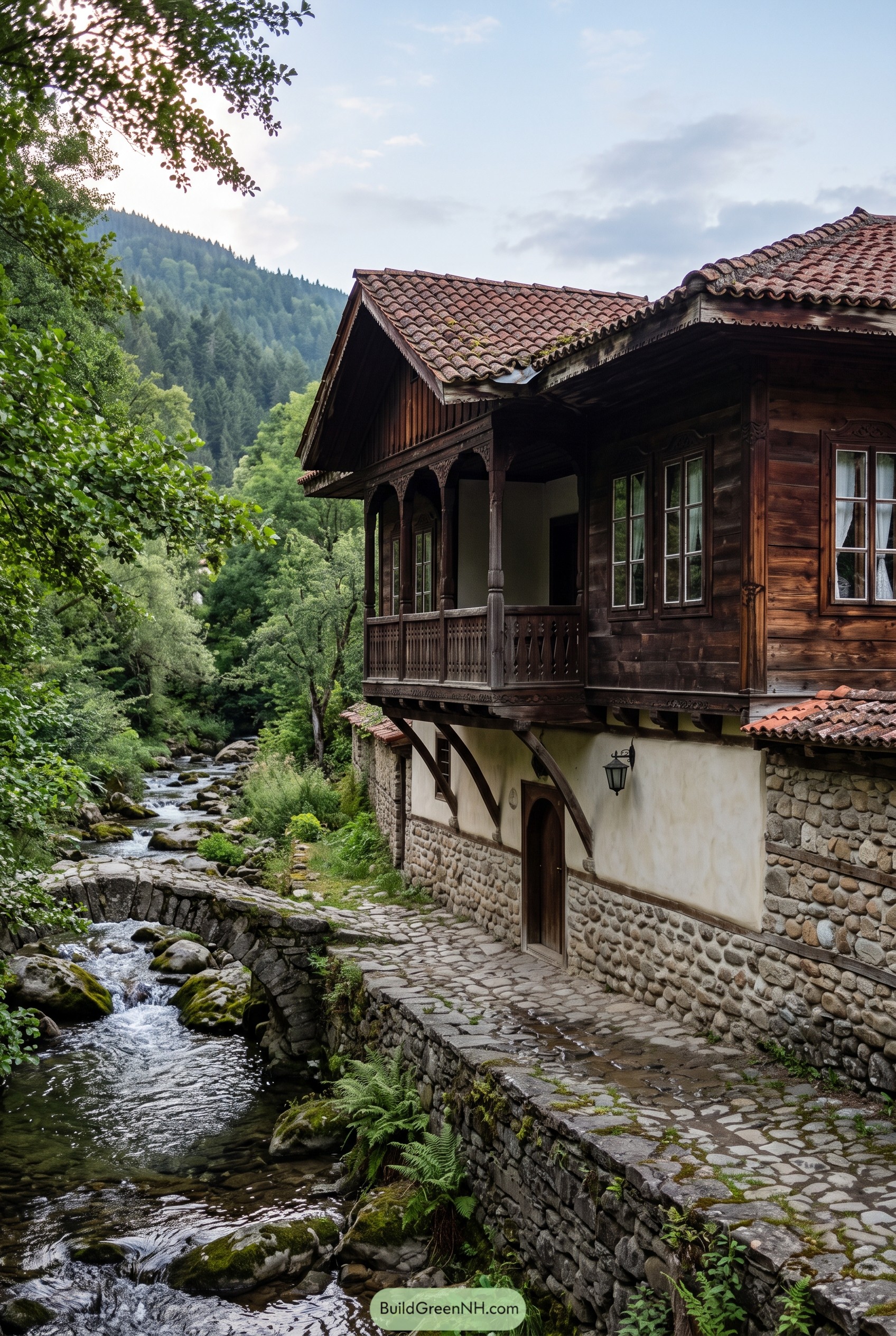 Bulgarian style wooden house beside a forest stream