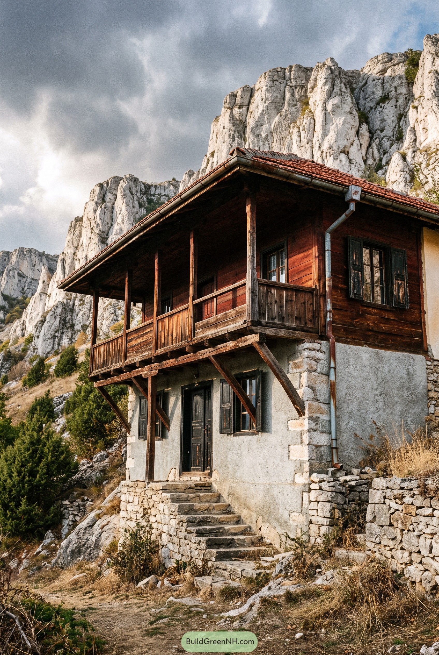 Bulgarian style house with timber balcony below cliffs