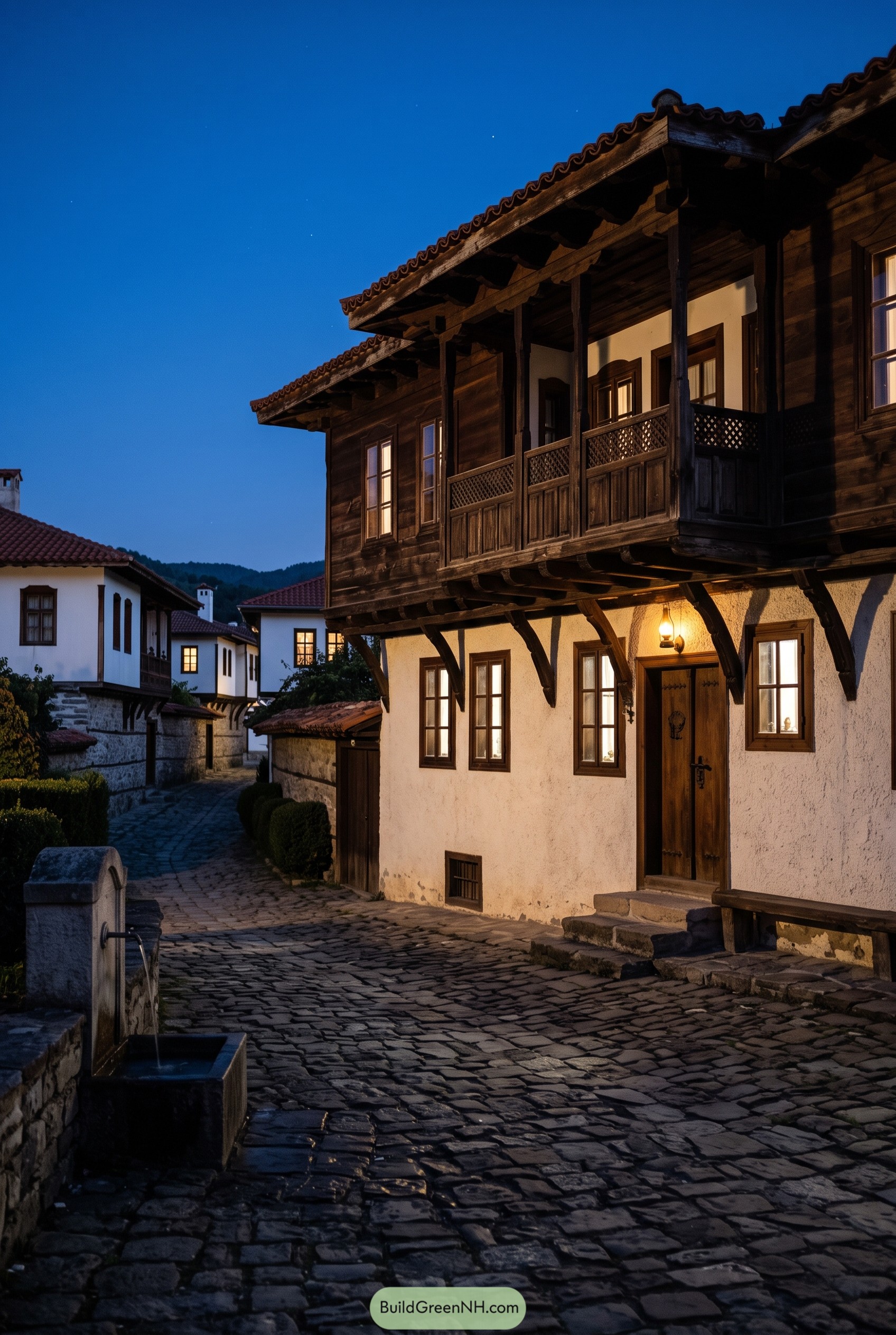 Bulgarian style house with stucco lower floor and wooden balcony