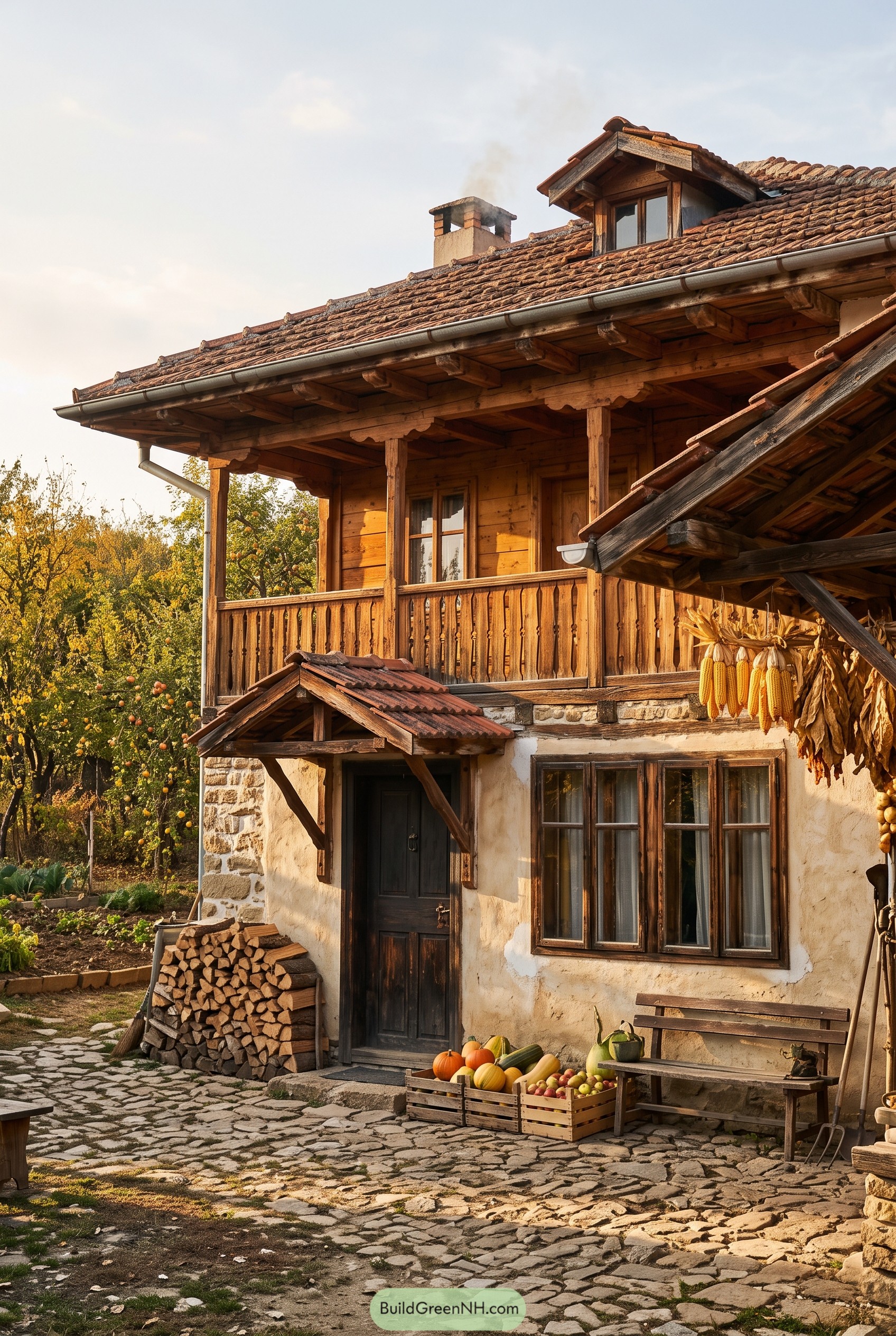 Bulgarian style house with wooden balcony and tiled roof