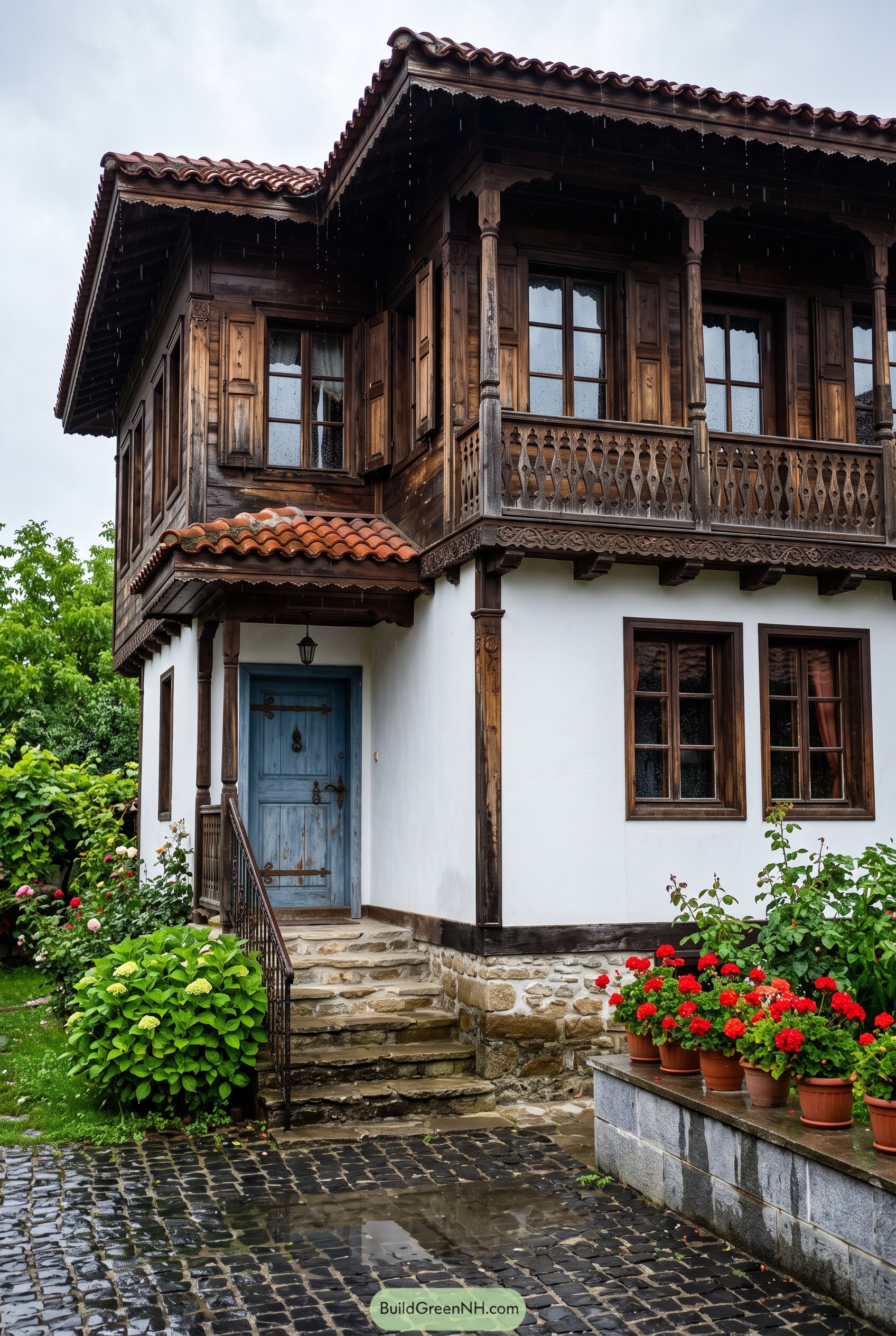 Bulgarian Revival house with carved wooden balcony