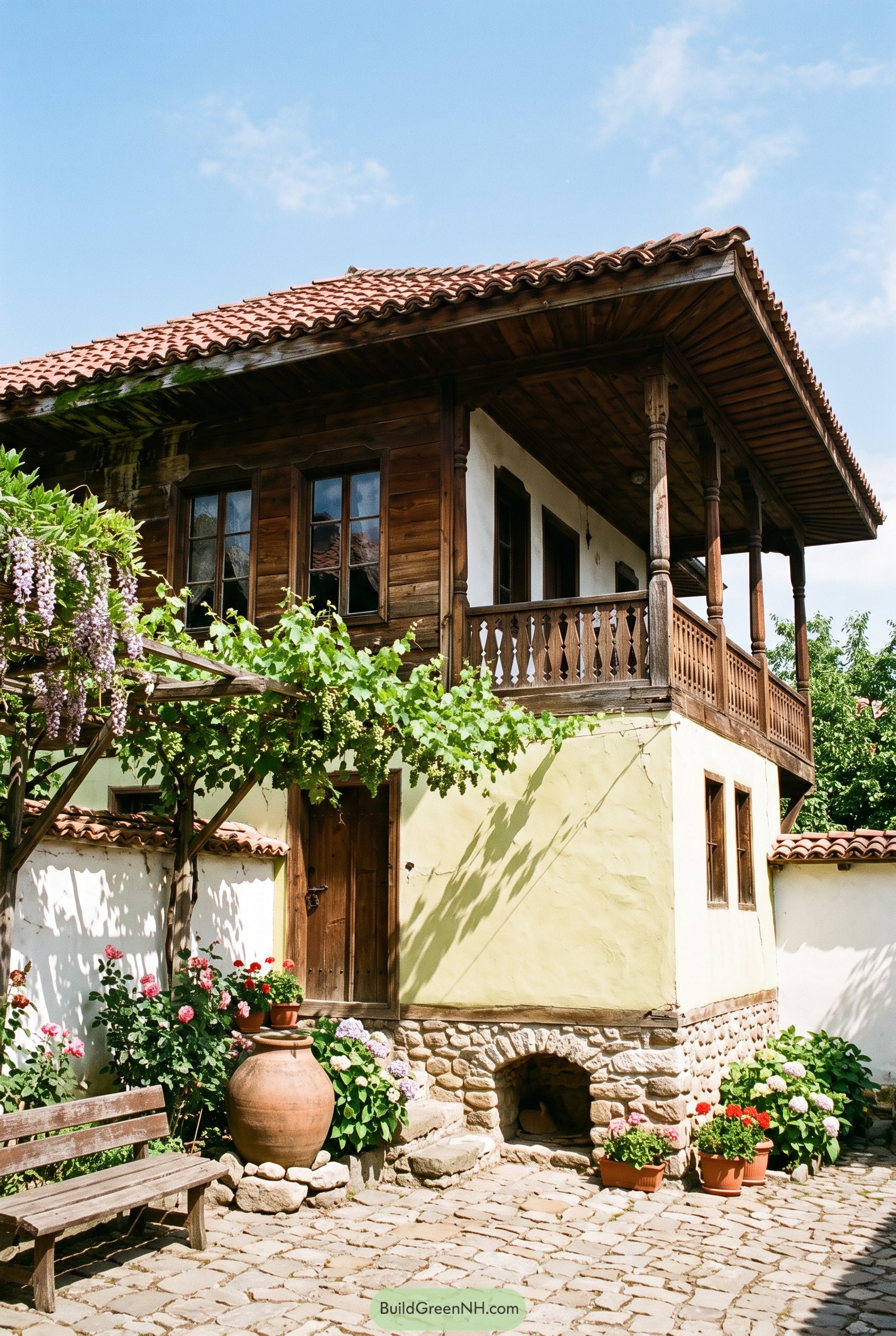 Traditional Bulgarian house with timber balcony and vine courtyard