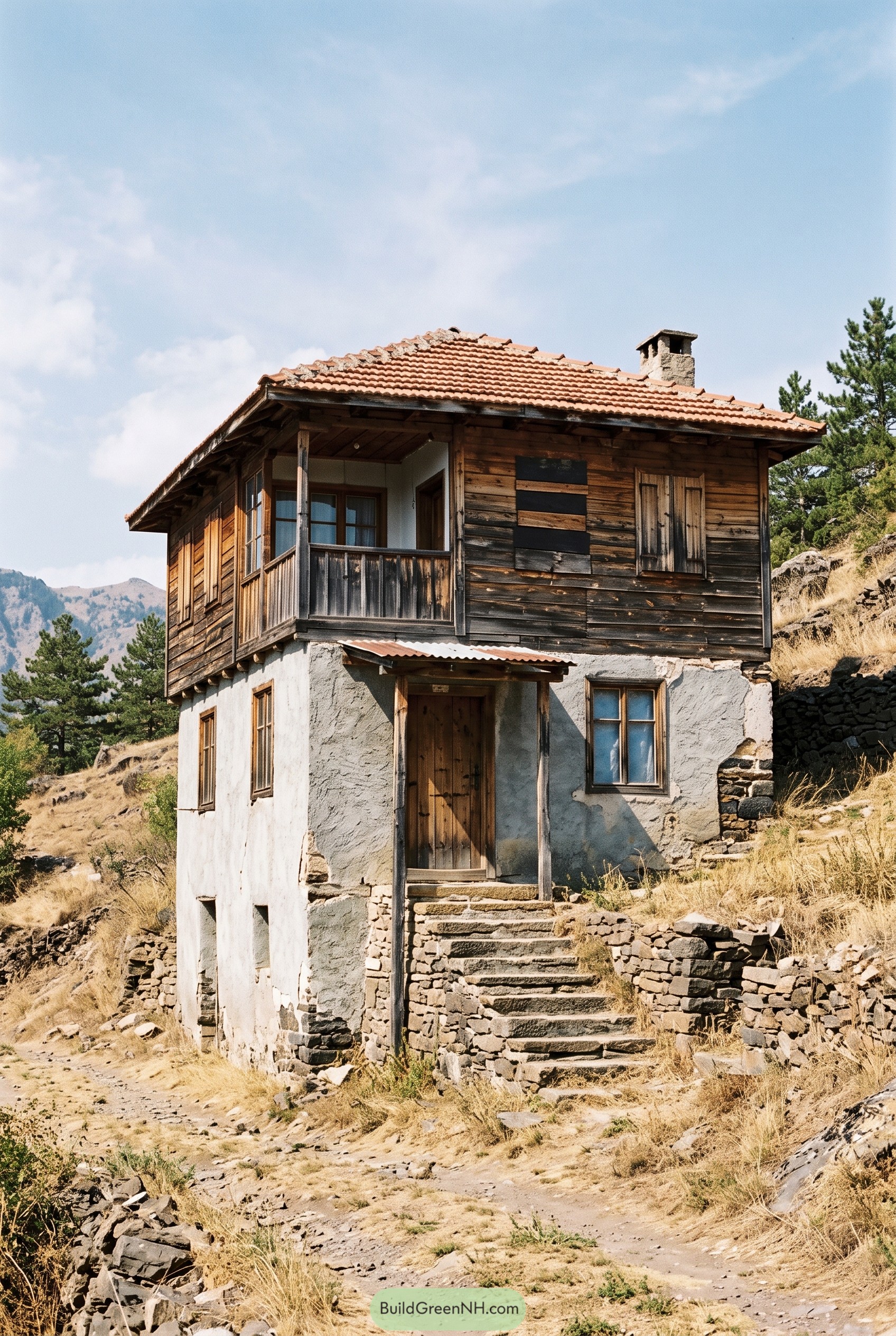 Bulgarian style hillside house with stucco base and wooden upper floor