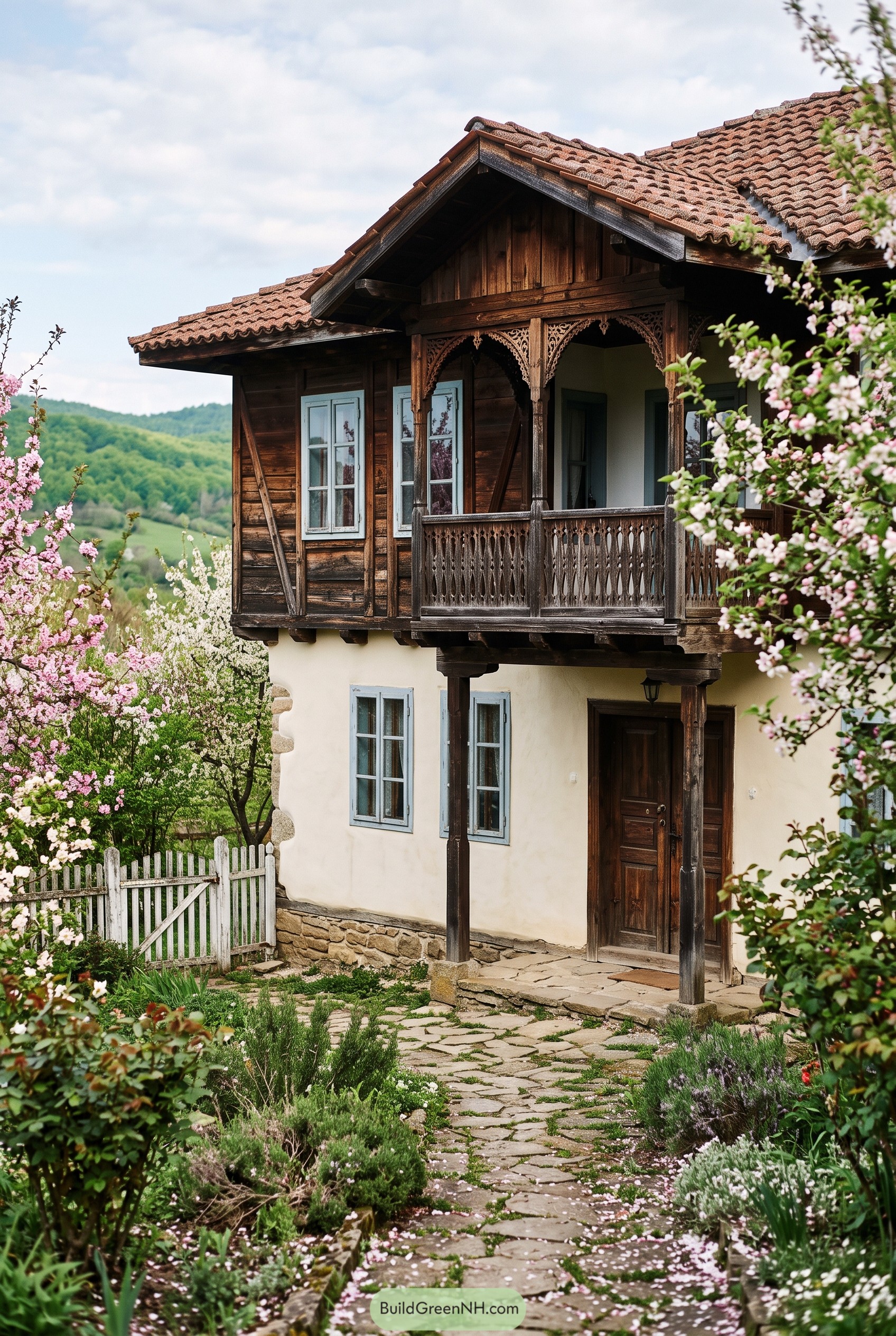 Bulgarian style house with carved wooden balcony and blue shutters