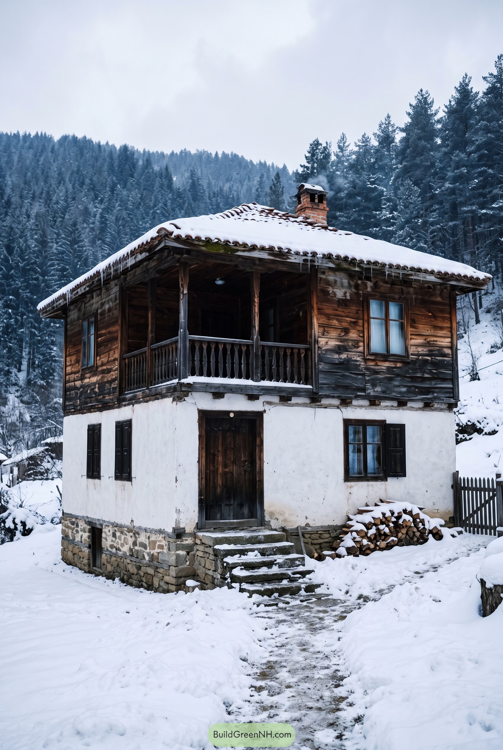 Snowy Bulgarian house with wood upper floor