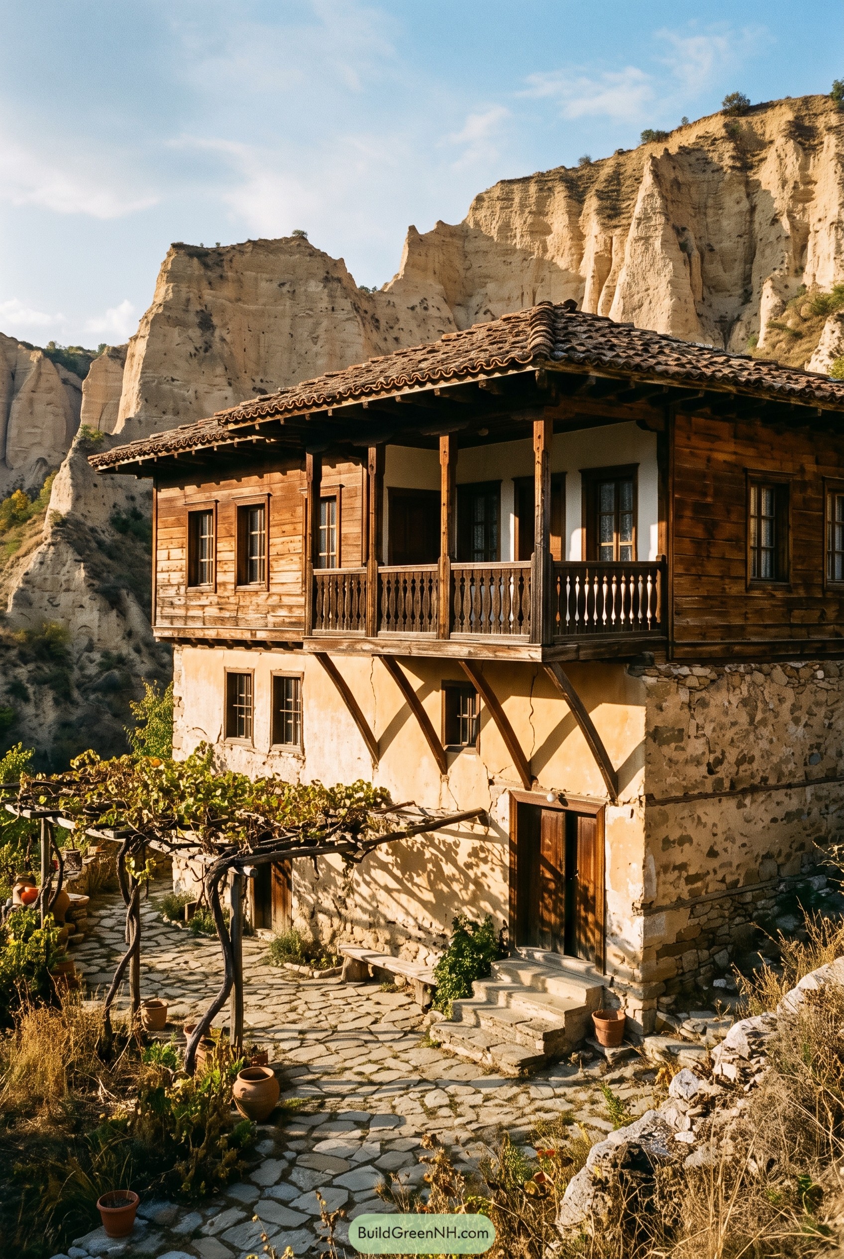 Bulgarian style timber house beneath sandstone cliffs
