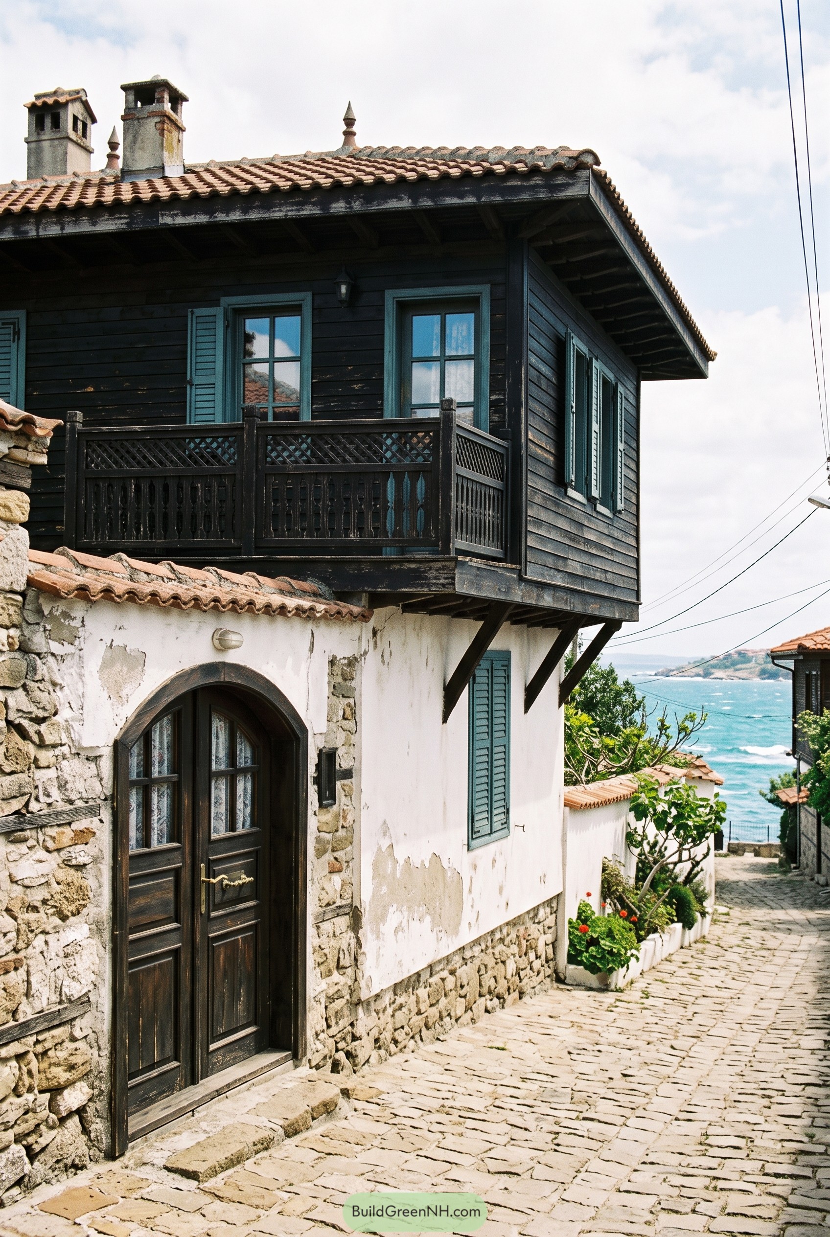 Bulgarian coastal house with dark wood upper floor