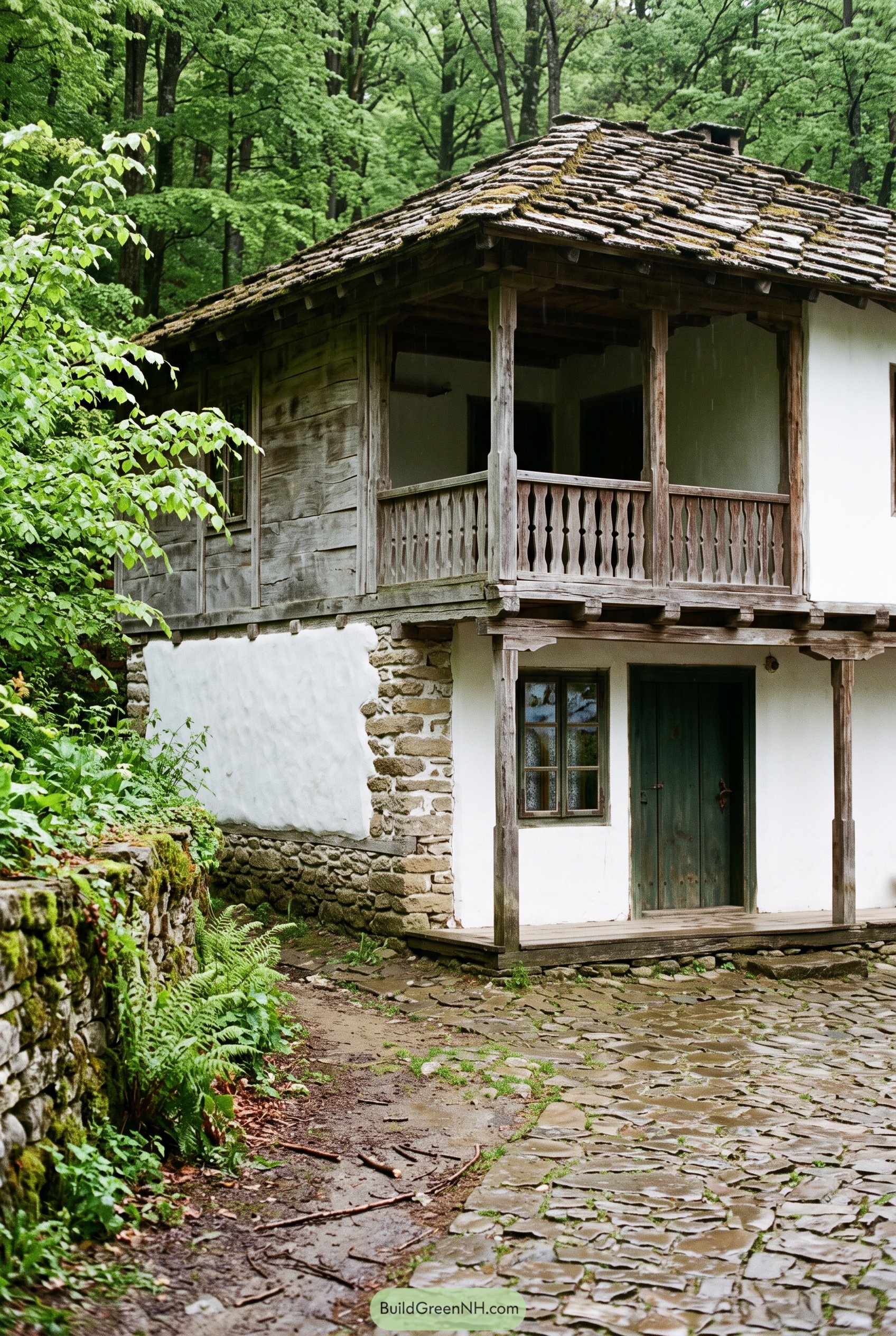 Bulgarian forest house with wood balcony and stucco base
