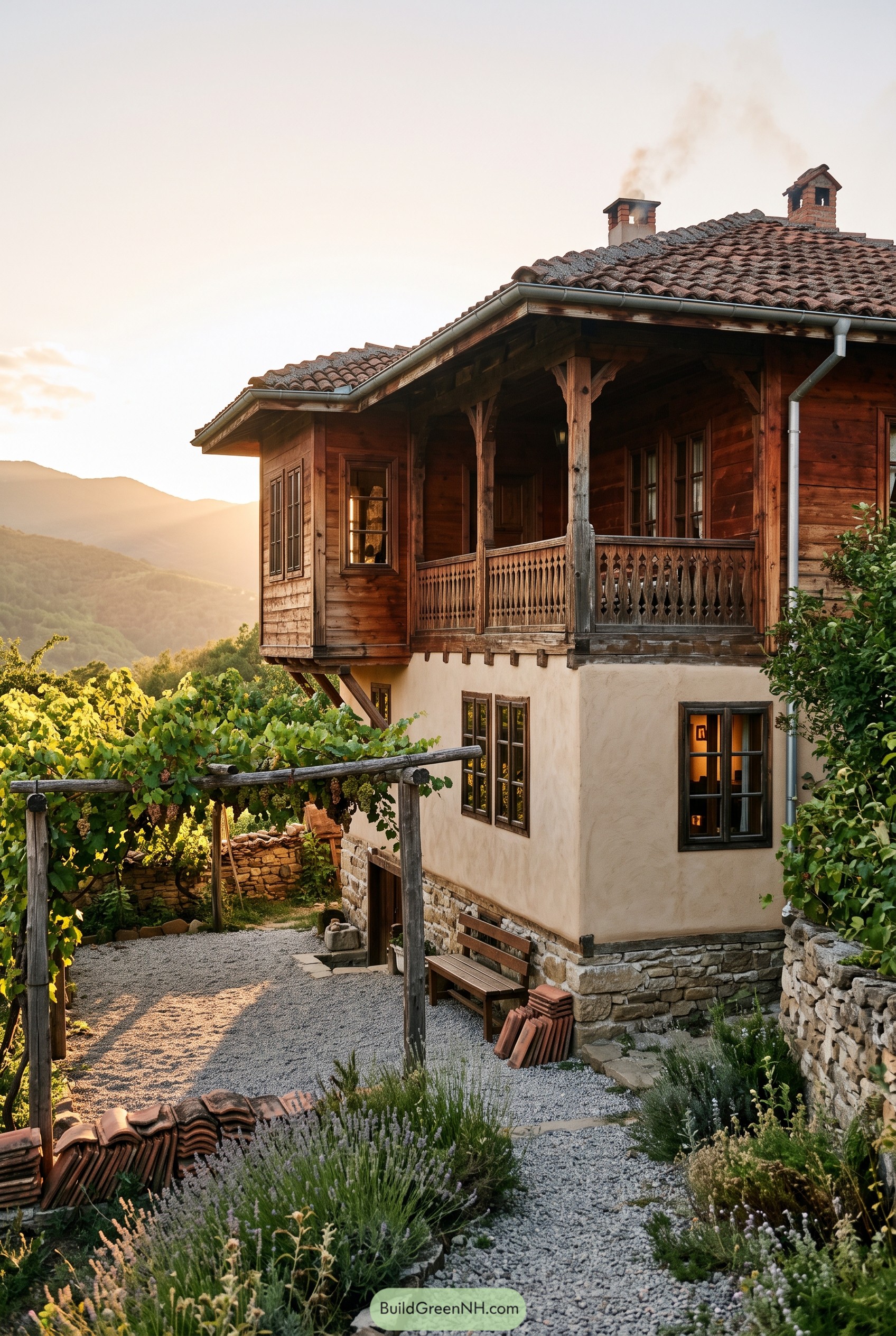 Bulgarian style house with wooden balcony and vineyard