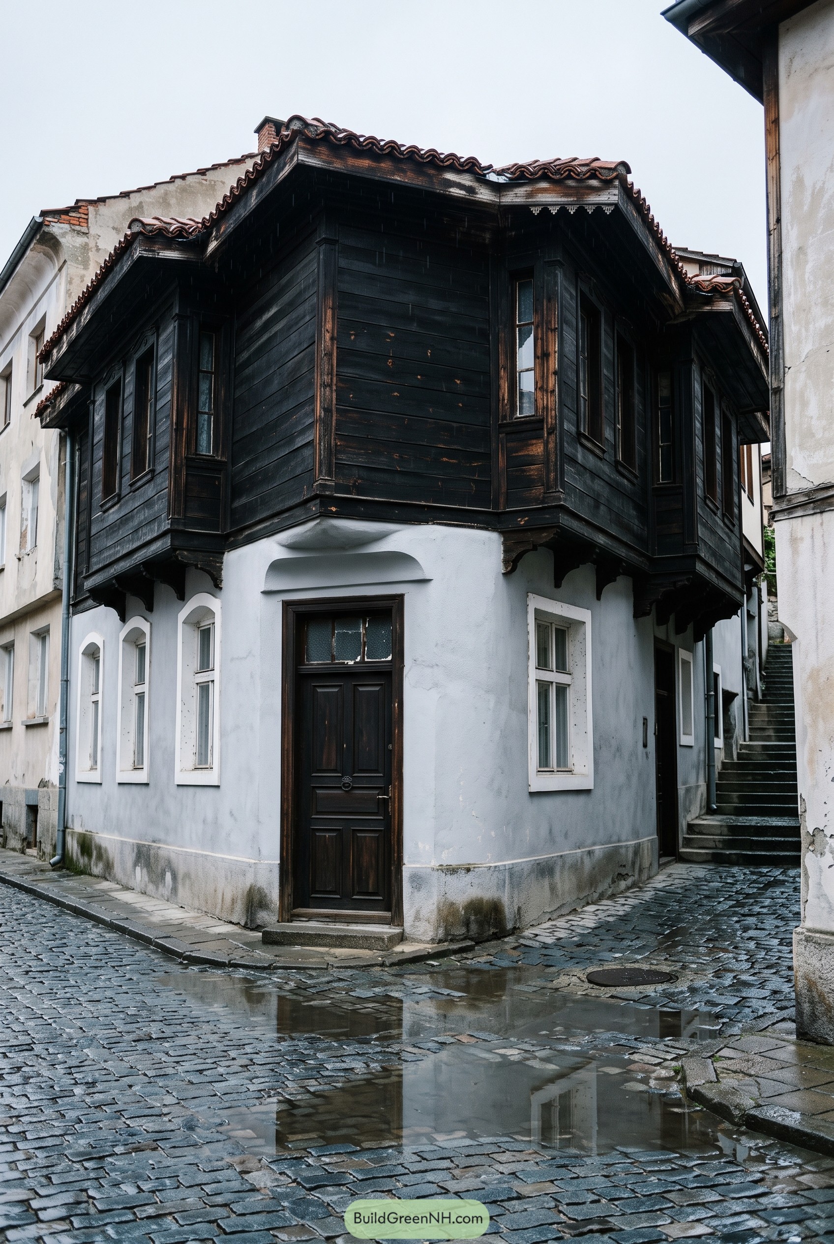 Bulgarian style house with dark wooden upper floor