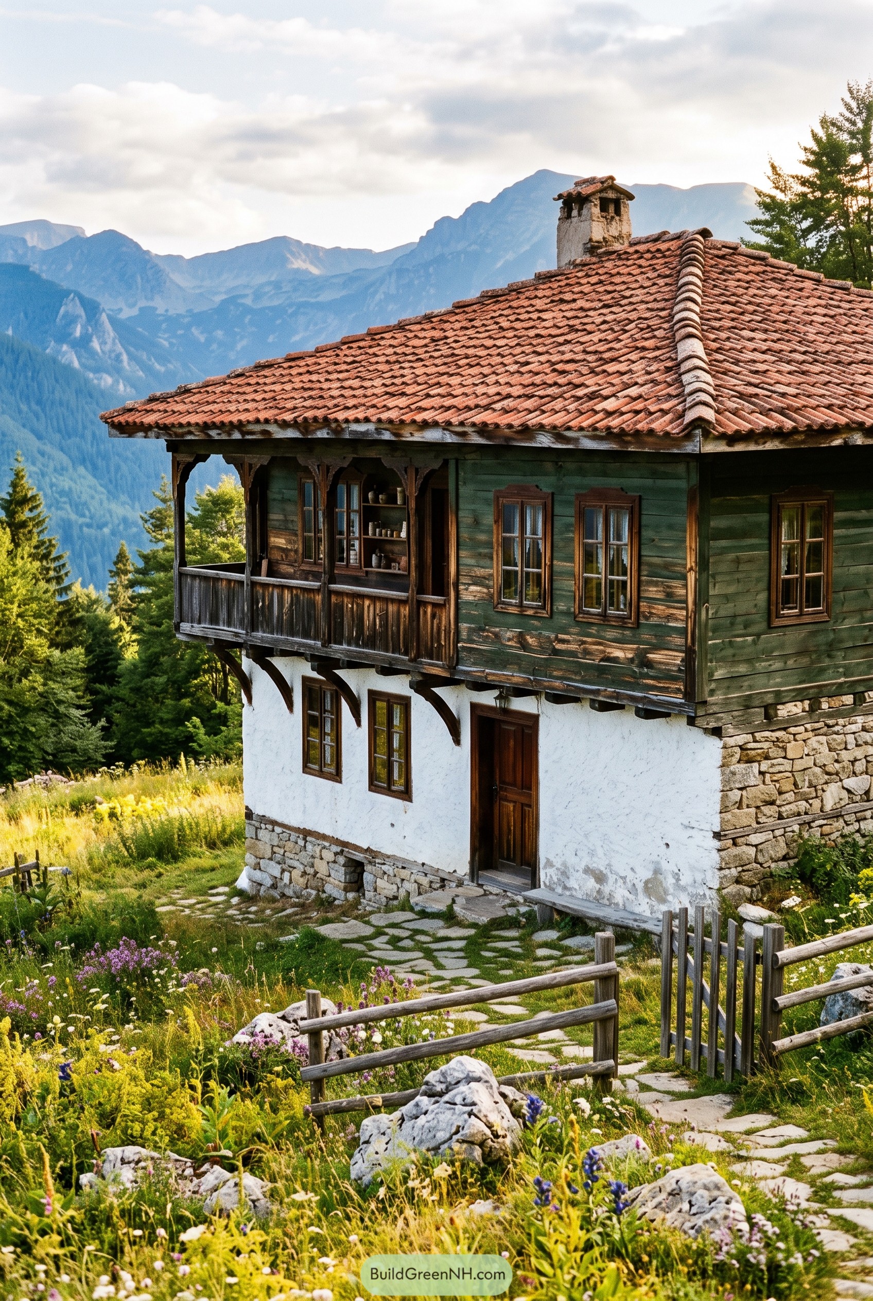 Bulgarian mountain house with green timber upper floor and red tile roof